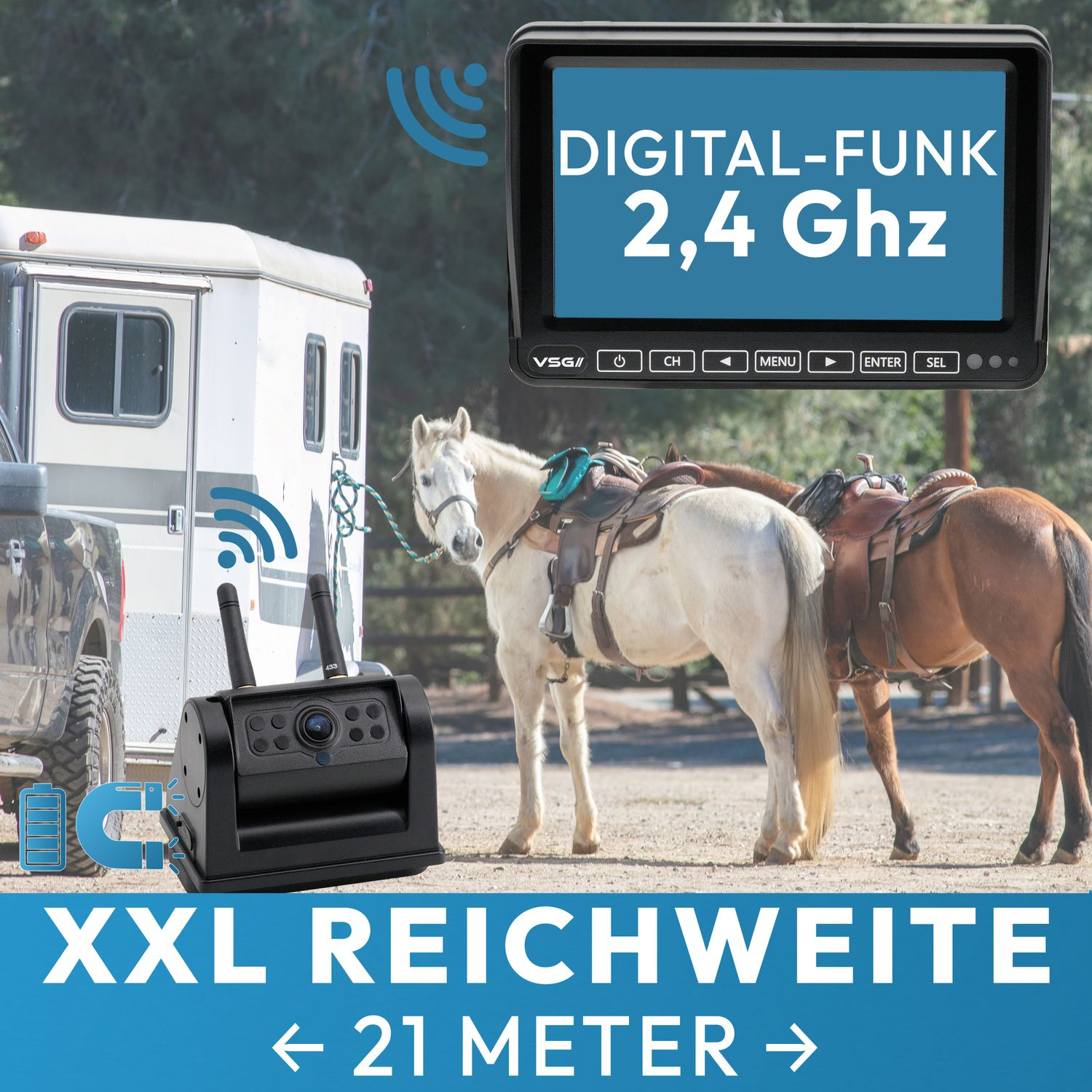 Kamera mit zwei Pferden auf einem Feld, Monitor zeigt den Videofeed. Die Kamera ist mit dem Anhänger verbunden.
