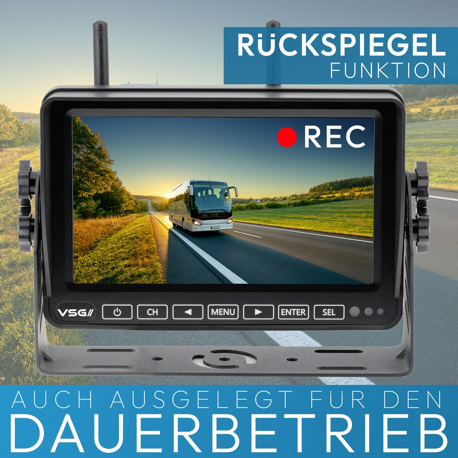 Rückfahrkamera-Bildschirm mit Straßenansicht, Textbeschriftungen und schwarzem Rahmen.