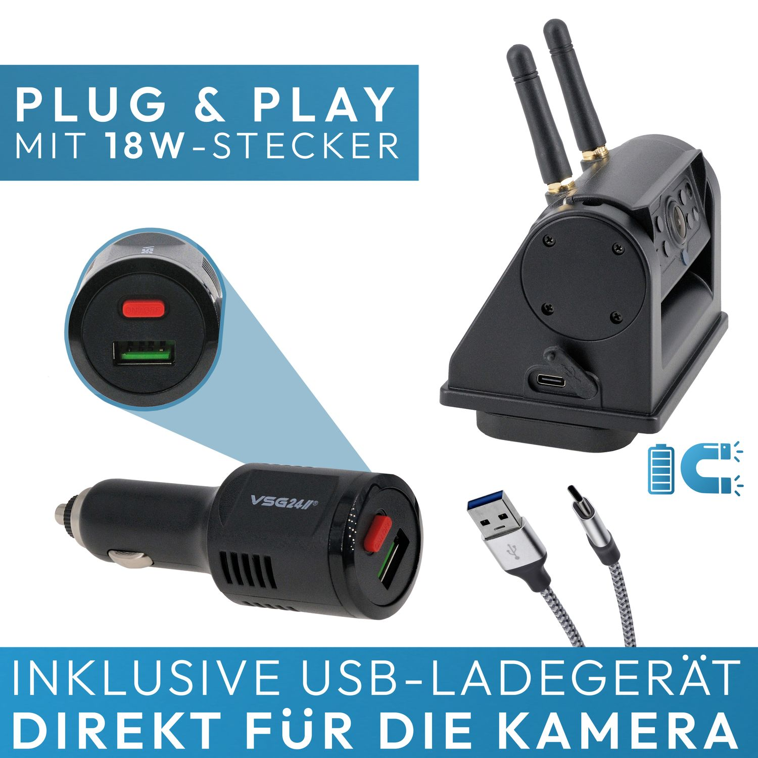 Schwarzes Gerät mit zwei Antennen, USB-Ladegerät und Kabel. Enthält einen USB-Ladeanschluss.