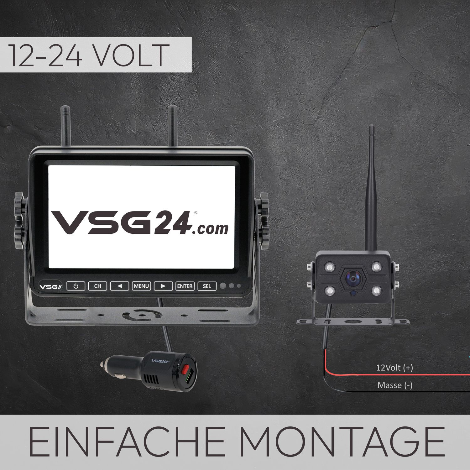 Monitor, Kamera und Ladegerät-Setup, schwarzer Hintergrund.