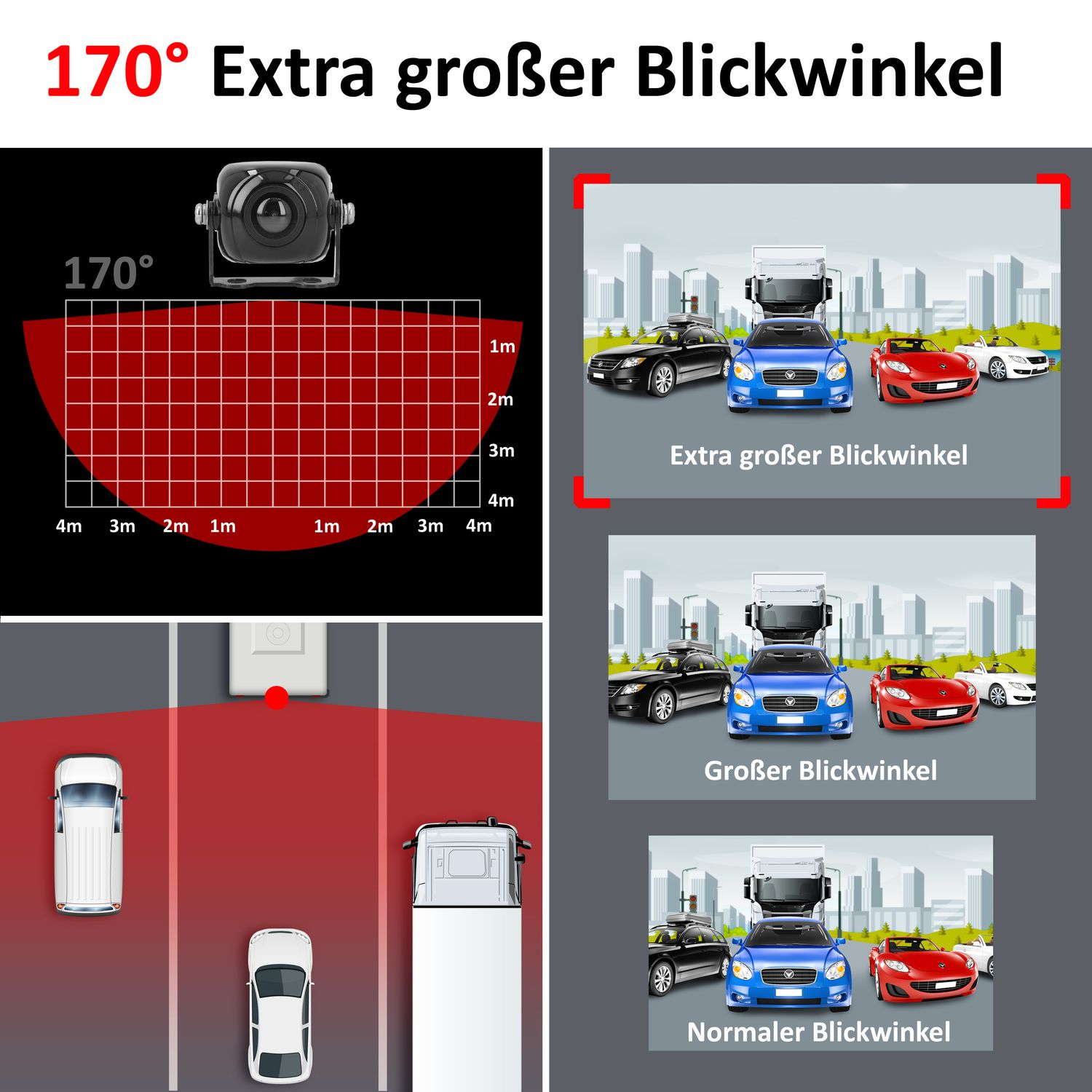 Diagramm mit einem Kamerawinkel von 170°. Autos und ein LKW werden mit verschiedenen Ansichten angezeigt.