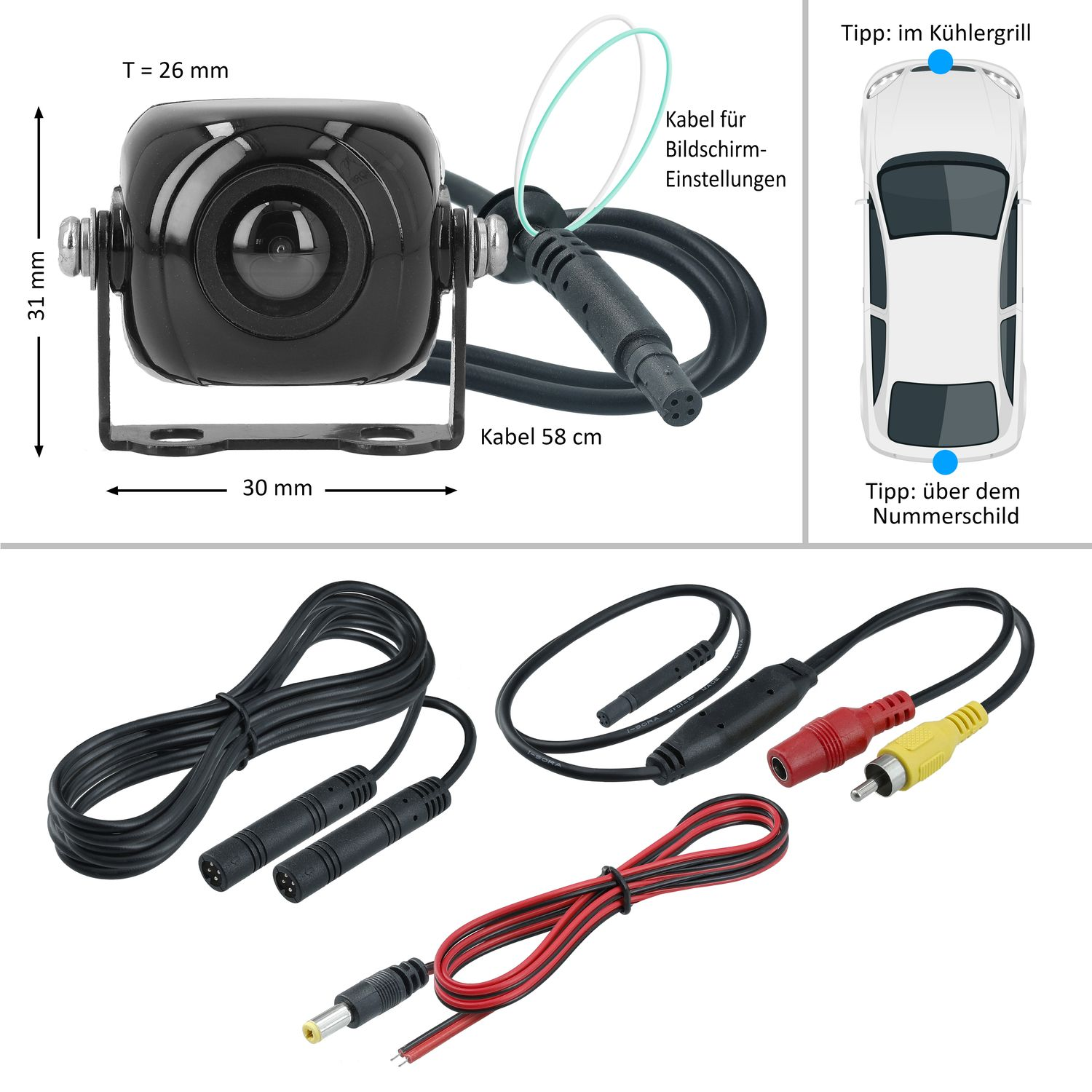 Autokamera und Kabel. Inklusive Kameraabmessungen und Anschlussdiagrammen.