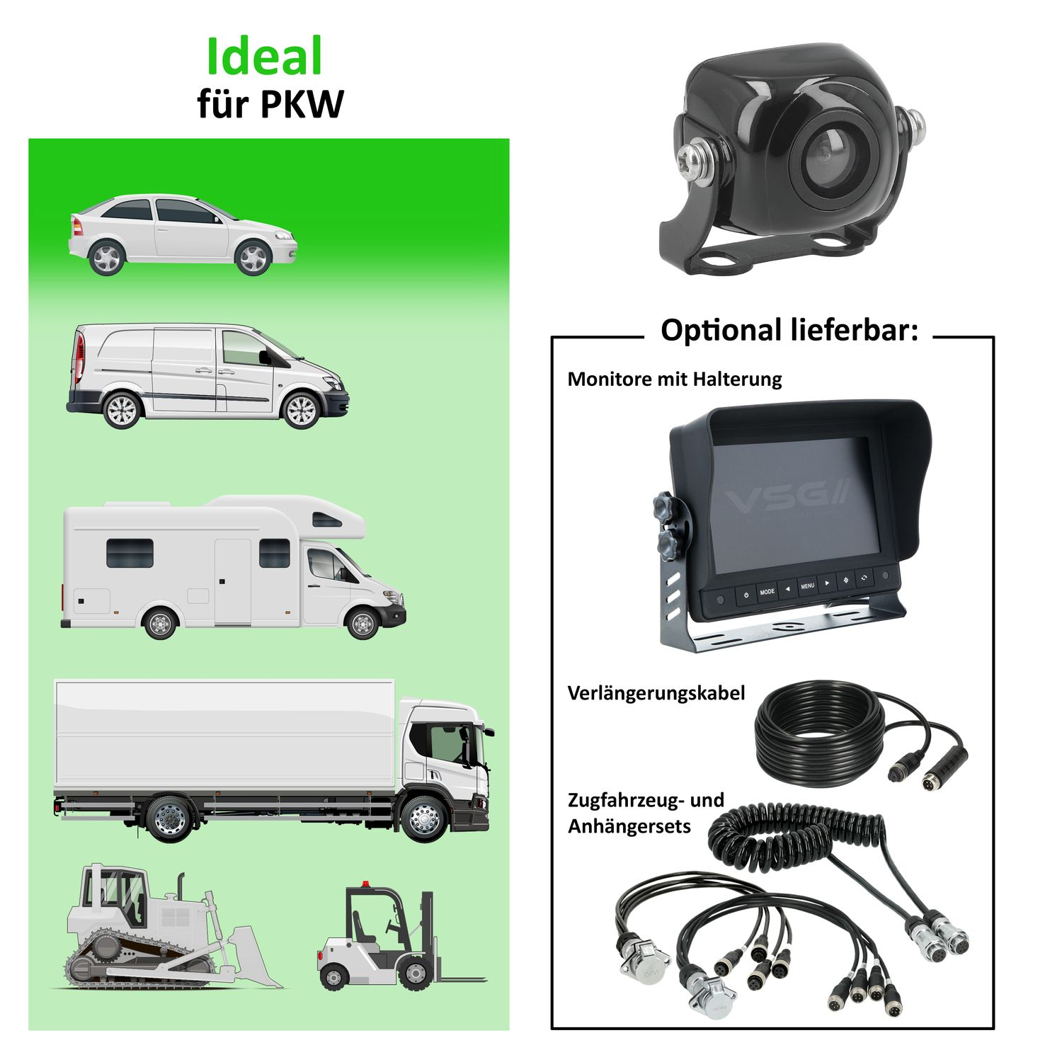 Bilder von Fahrzeugen und Kameraausrüstung. Text: Ideal für PKW, optionale Monitore.