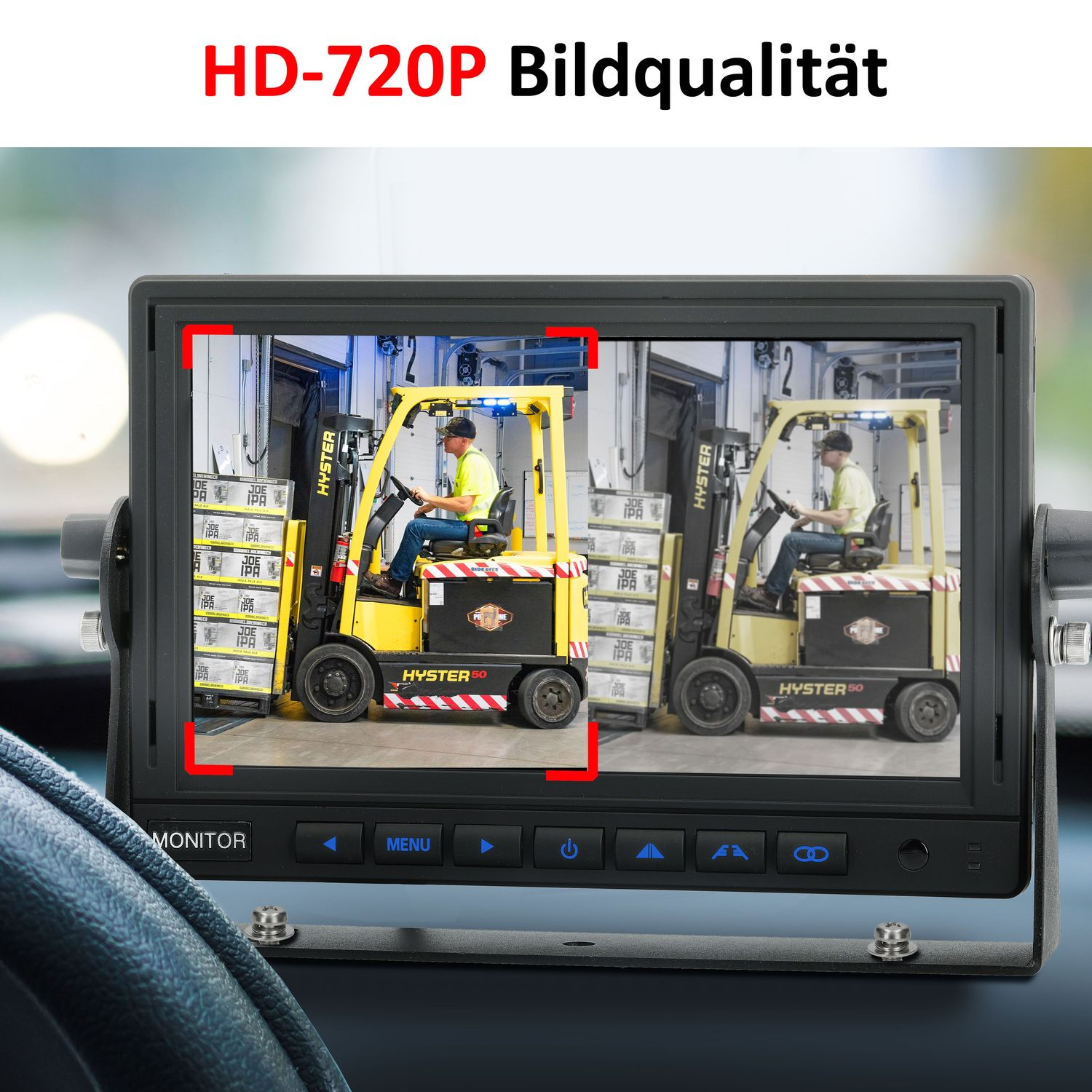 Monitor zeigt Gabelstapler mit Mann. Rotes Quadrat markiert das Bild.