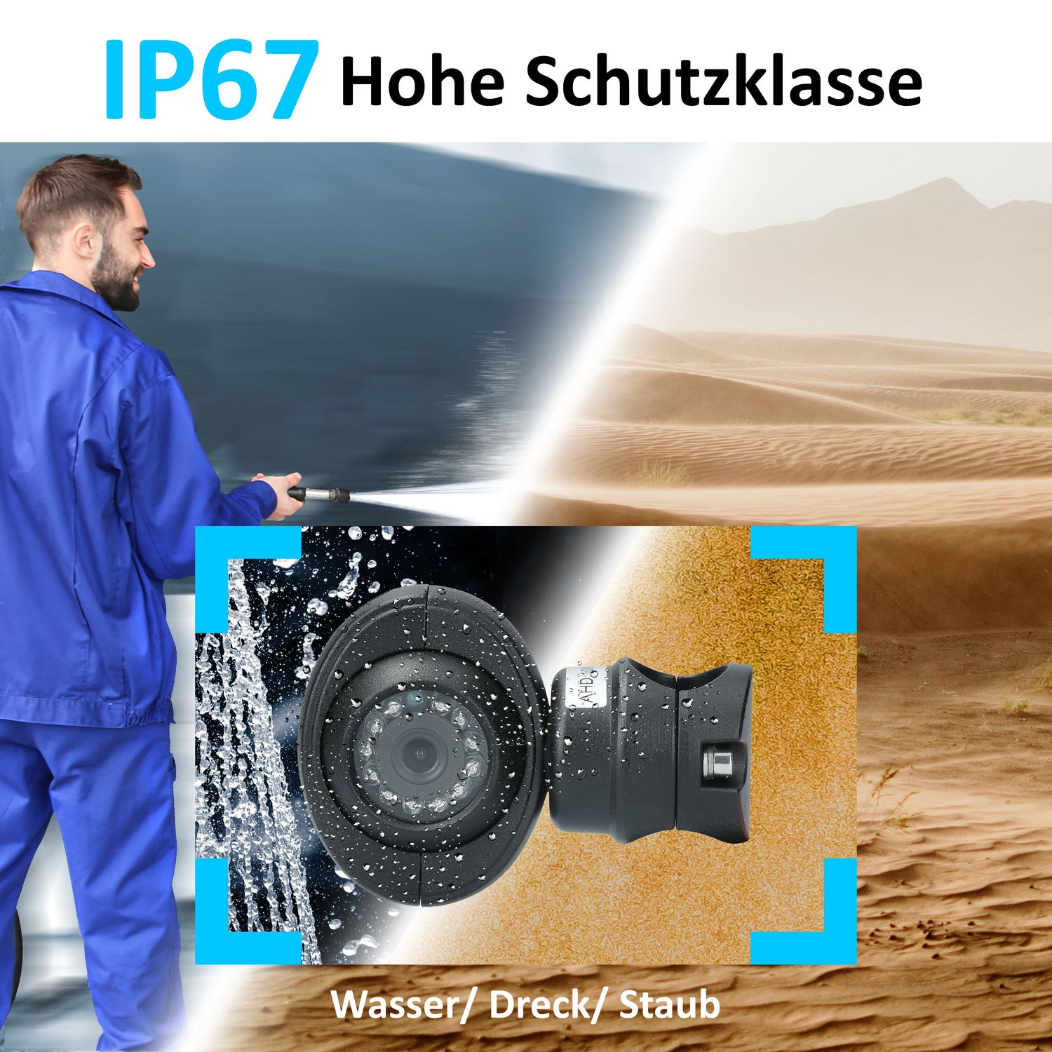 Ein Mann im blauen Anzug sprüht Wasser auf eine Kamera mit Wüstenhintergrund.