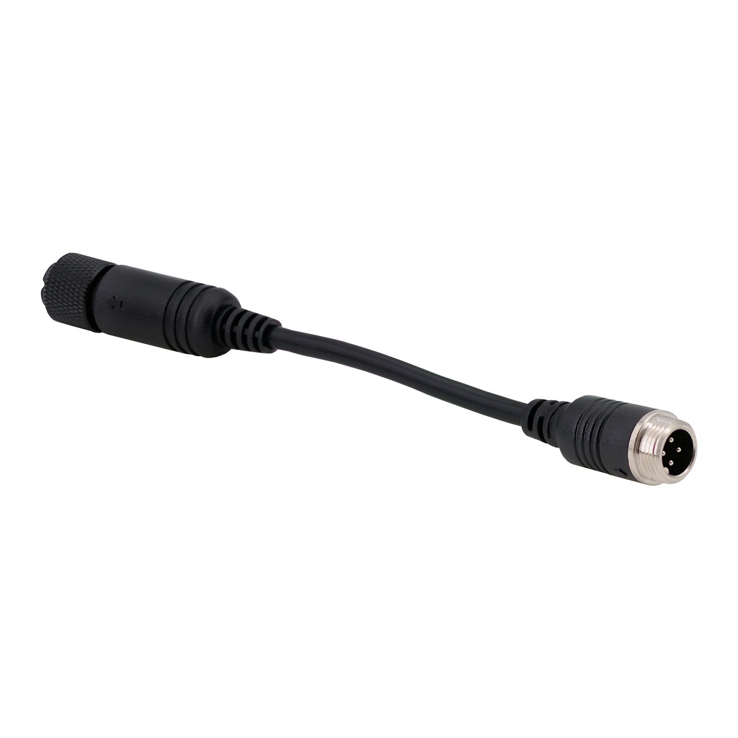Ein schwarzes Kabel mit Stecker und Buchse, vor weißem Hintergrund.