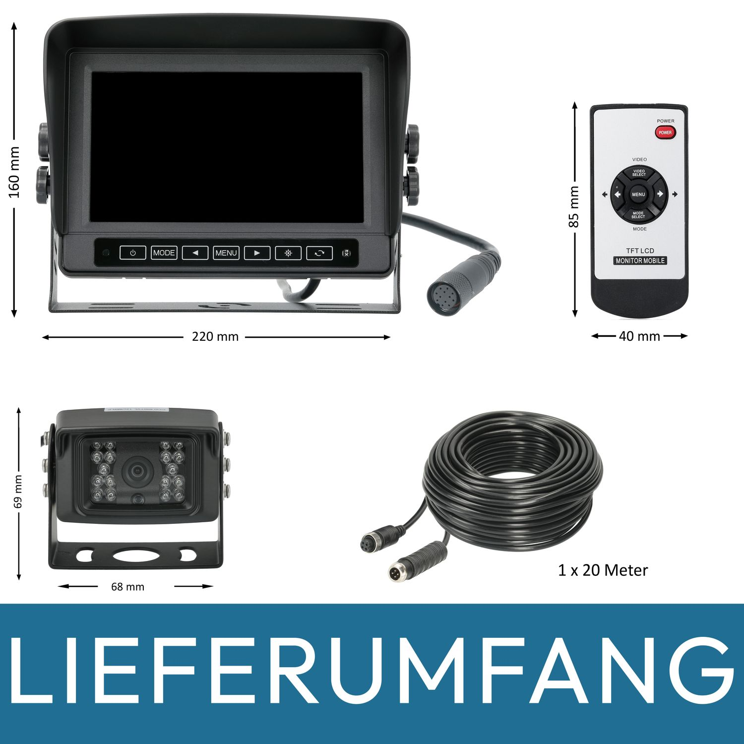 Produktübersicht: Monitor, Fernbedienung, Kamera und ein langes schwarzes Kabel.