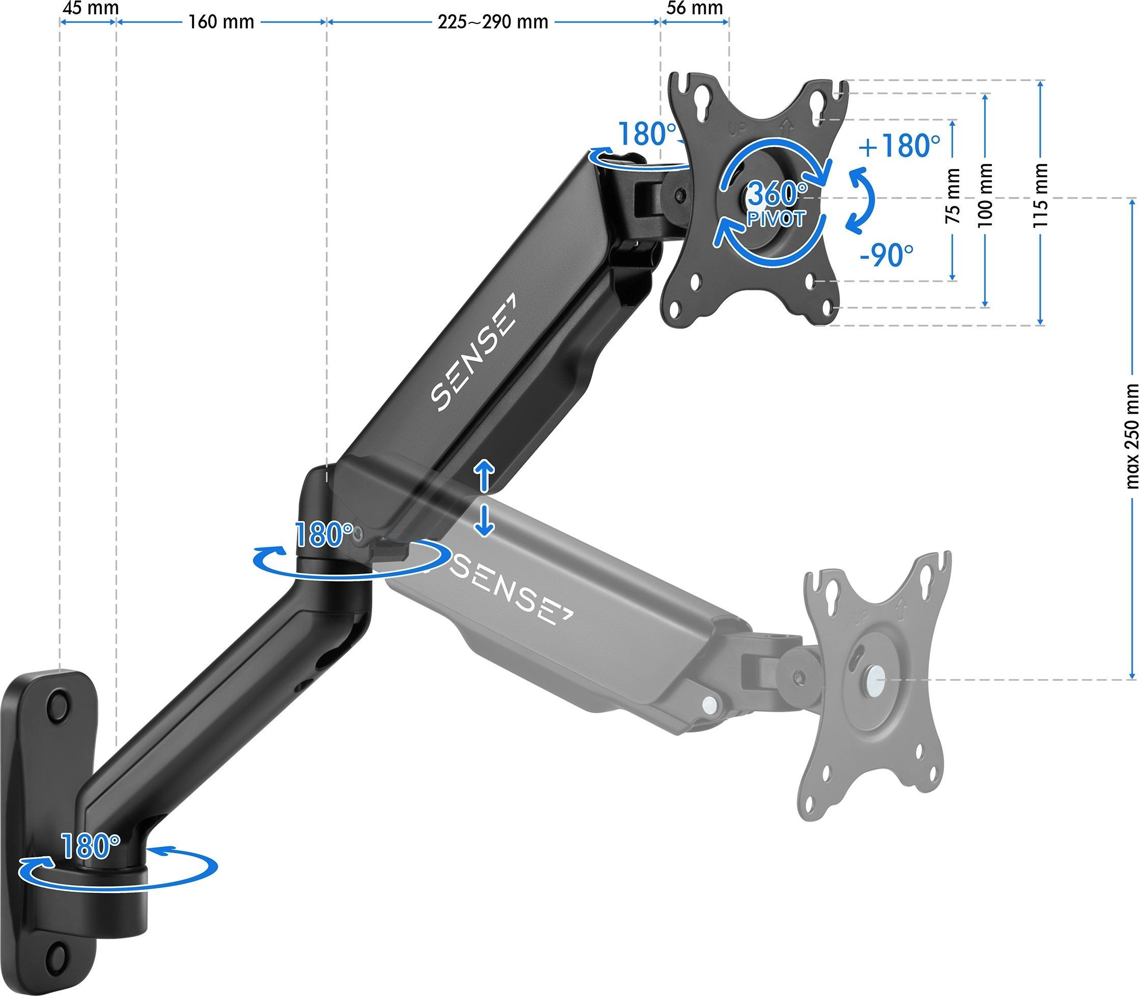 Een monitorarm met diverse afmetingen, waardoor flexibele positionering mogelijk is. De arm is zwart en wit.