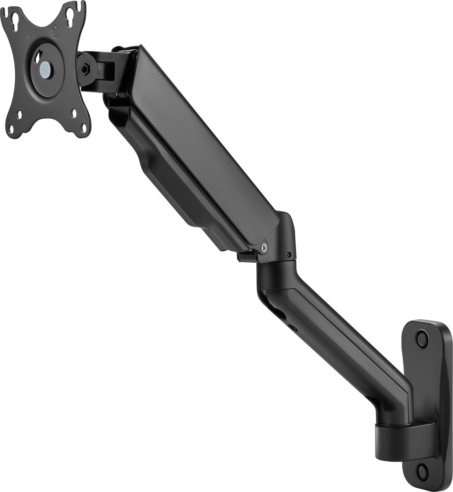 Zwarte monitorarm bevestigd aan een muur, ter ondersteuning van een monitor.