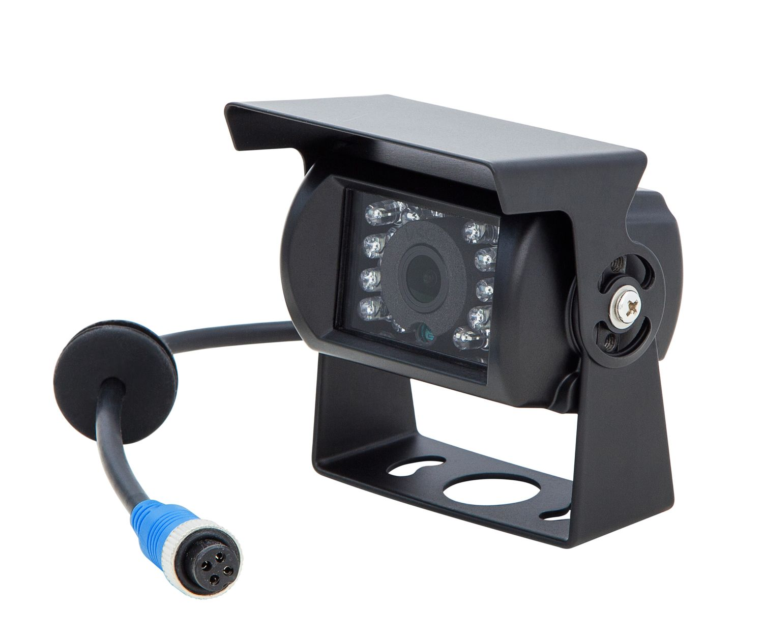 Schwarze Kamera mit LEDs, Kabel und Stecker. Auf Halterung montiert.