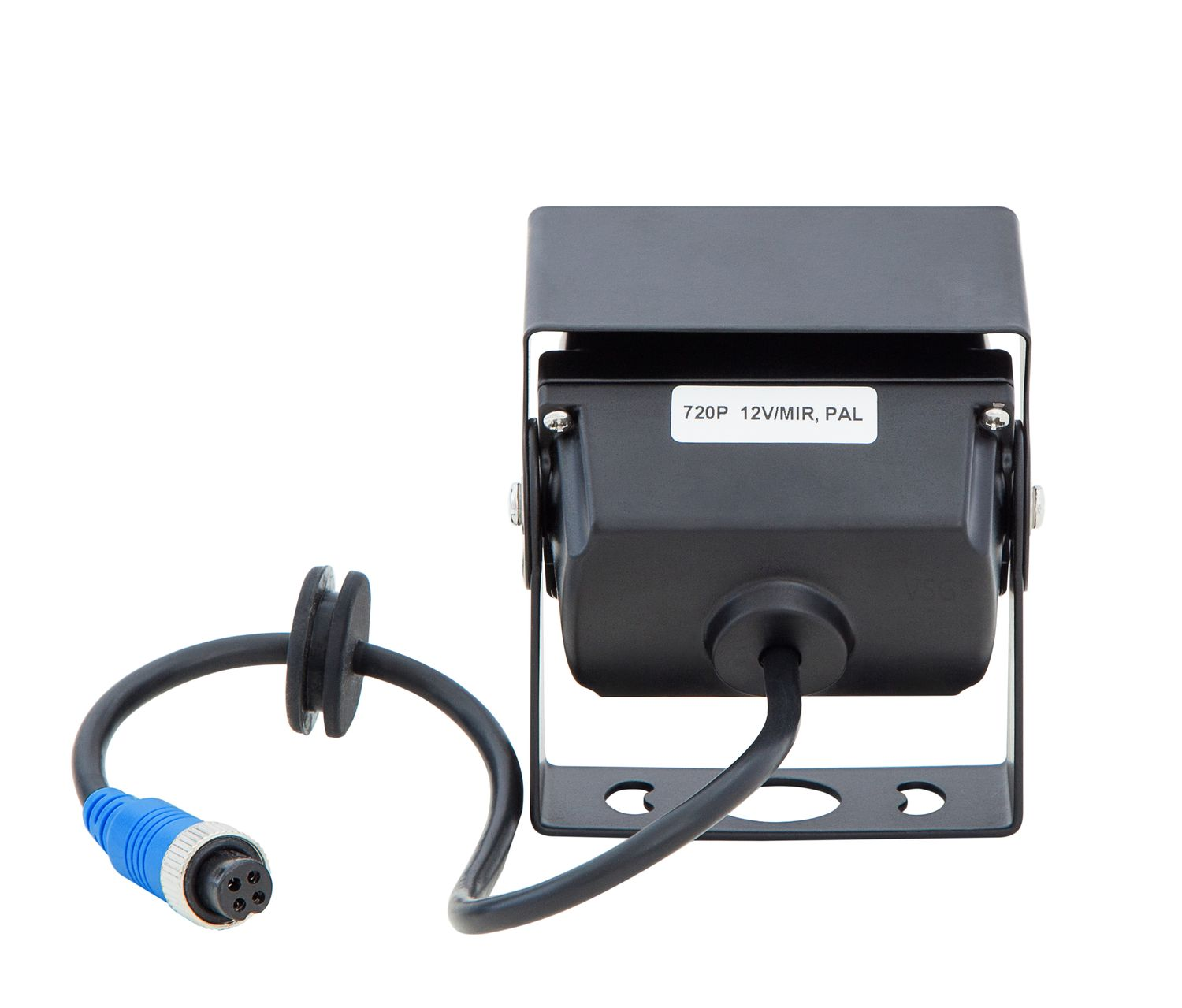 Rückfahrkamera mit Kabel und Stecker, isoliert auf weißem Hintergrund. Schwarz-weißes Gerät.