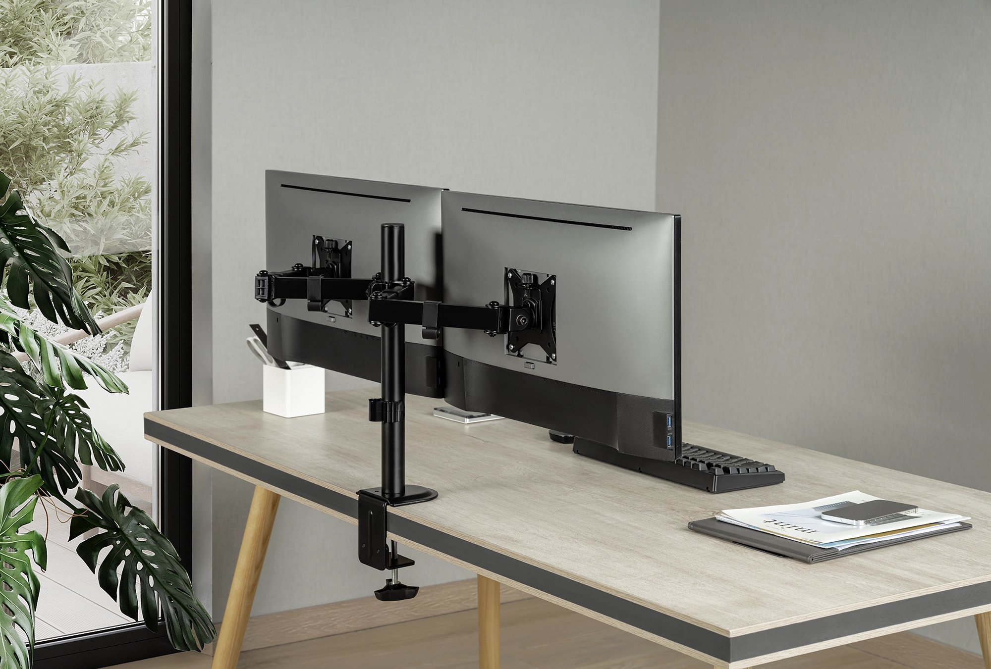 Zwei Computermonitore auf einem Schreibtisch mit Monitorarm. Fenster und Pflanzen im Hintergrund.