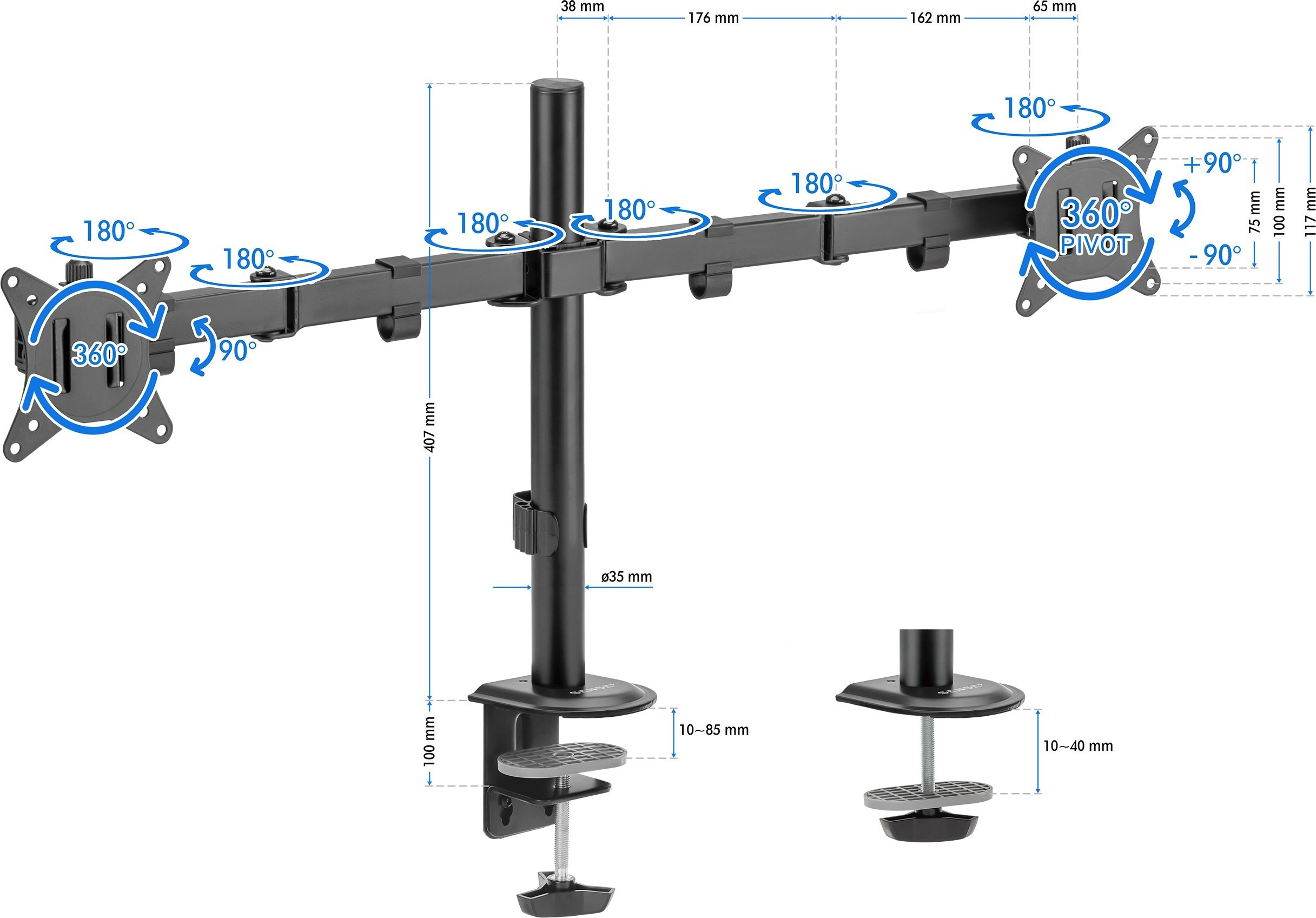 Monitorarm mit Maßen und Drehrichtungen. Schwarz.