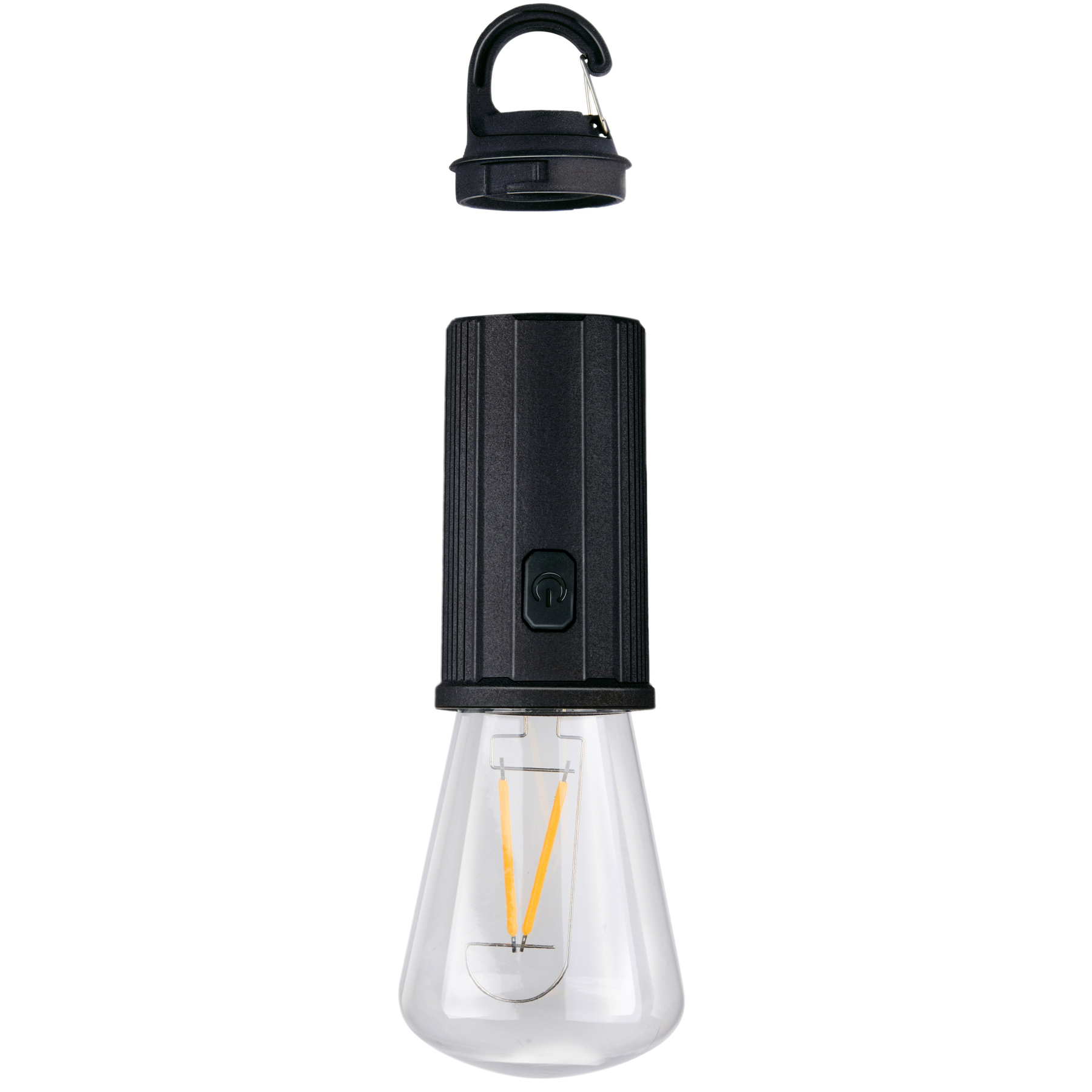 Schwarze Lampe mit klarer Glühbirne. Die Oberseite ist abnehmbar. Die Glühbirne hat einen Glühfaden.