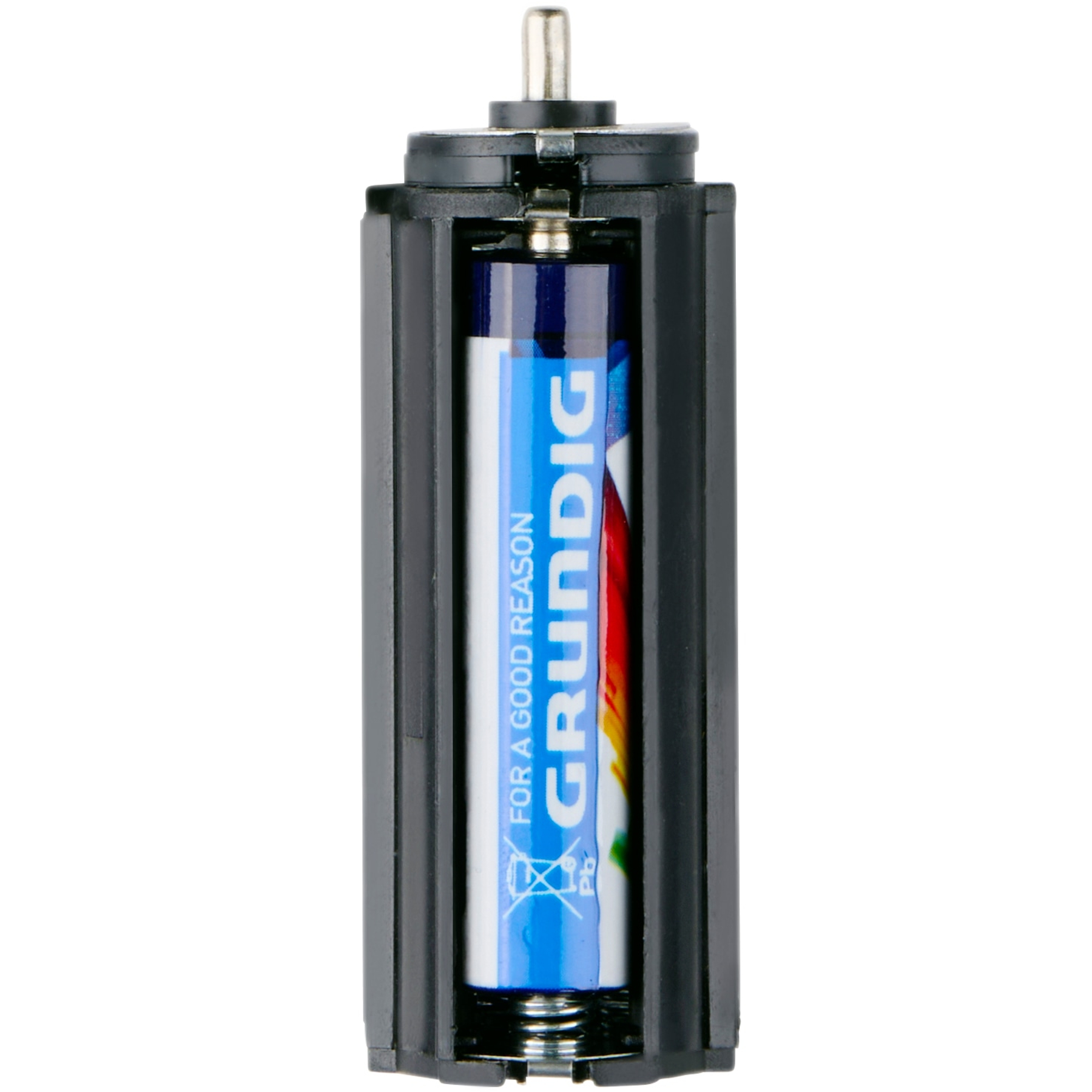 Schwarzer Batterieträger mit einer Grundig AA-Batterie. Text auf Batterie: 'FOR A GOOD REASON'.