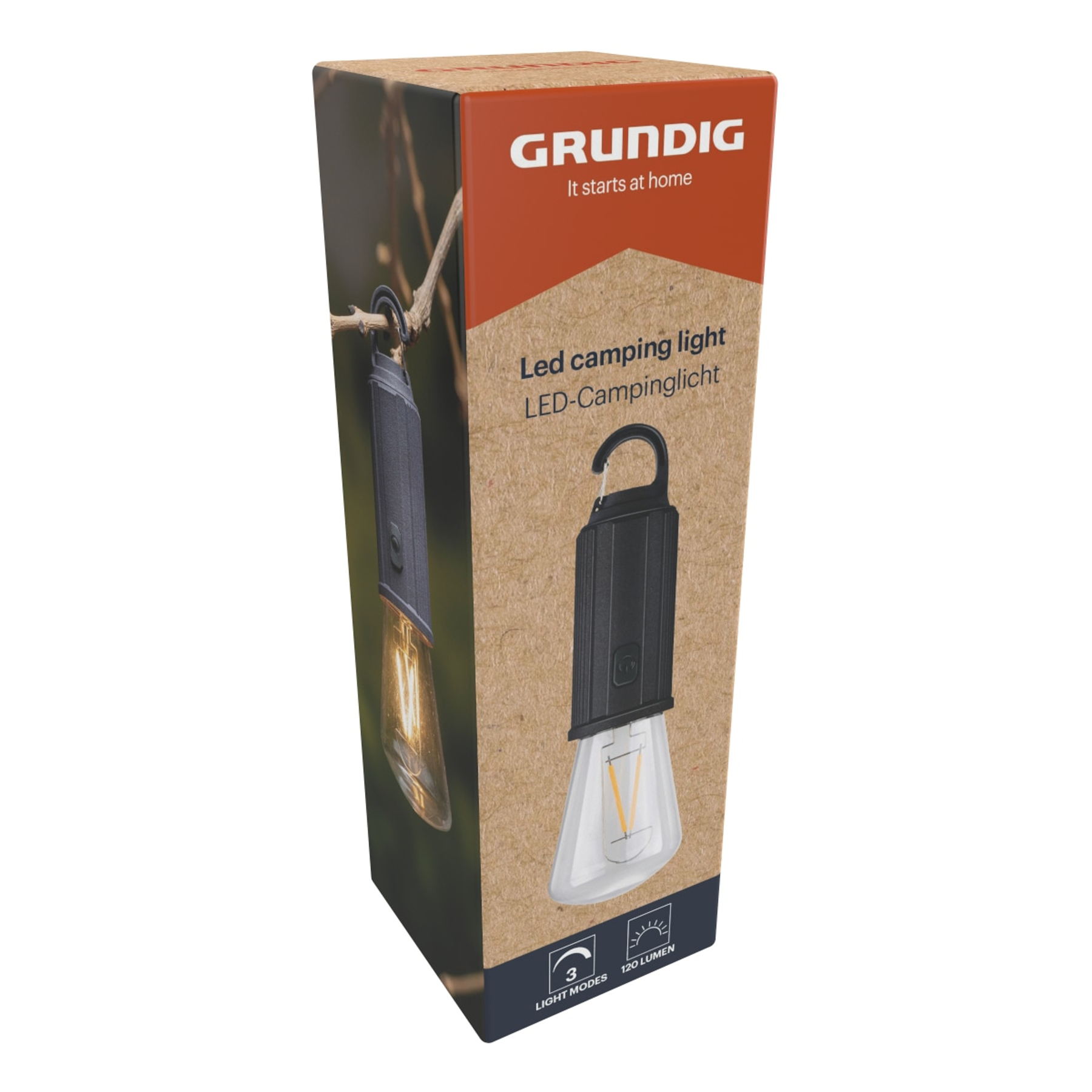 Eine Grundig Camping-Lichtbox mit einer Hängeleuchte im Inneren, auf weißem Hintergrund.