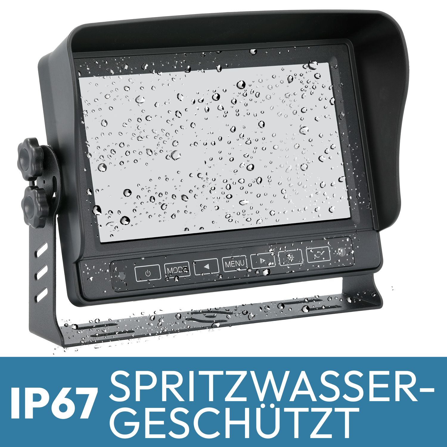 Schwarzer Monitor mit Wassertropfen und schwarzem Visier, Text 'IP67'.