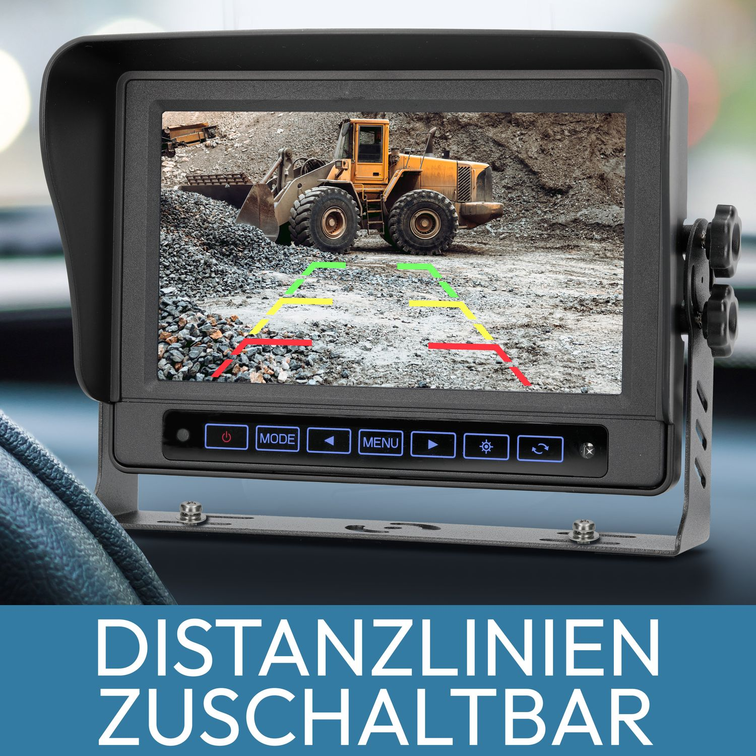 Ein Auto-Monitor mit einer Baustelle und Führungslinien, mit blauem Rahmen.