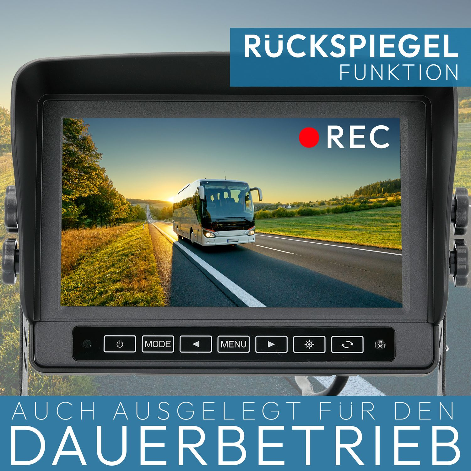 Monitor des Auto-Kamerasystems, zeigt eine Straßenszene mit einem Bus.
