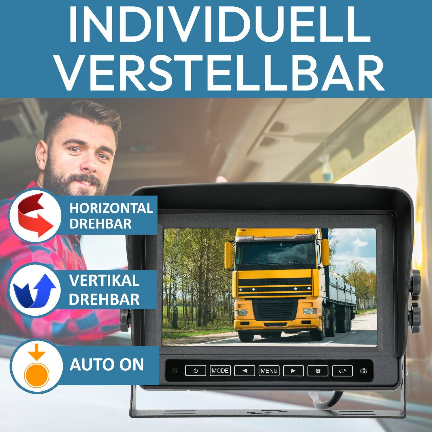 Monitor mit gelbem LKW auf einer Straße, überlagert mit Text und Symbolen. Eine Person in der Ecke.