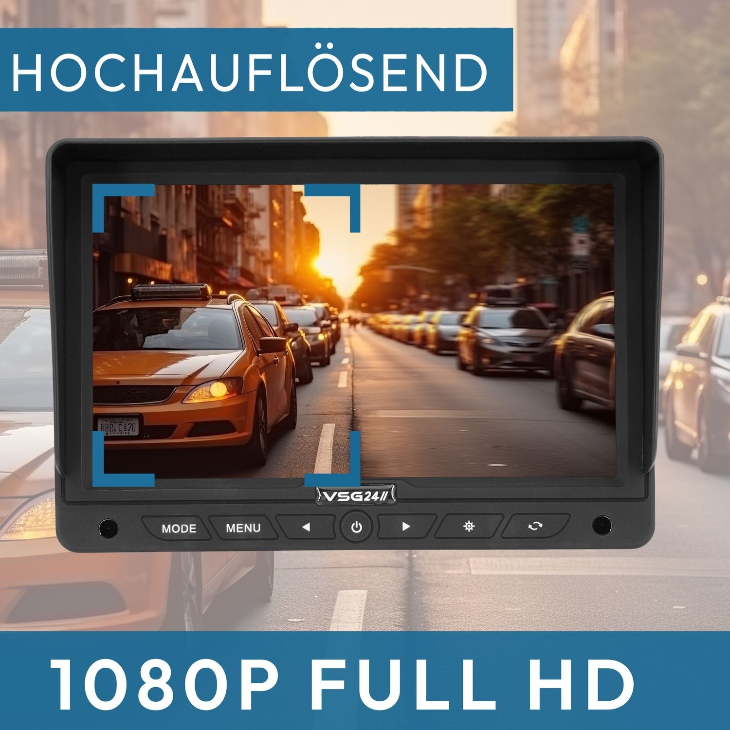 Ein schwarzer Monitor mit einer Straßenszene, mit Text: 1080P FULL HD.