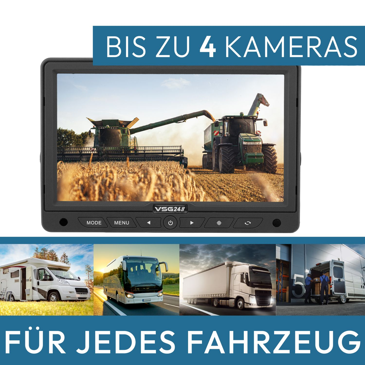 Auto-Monitor, das eine ländliche Szene mit Erntemaschinen, Lastwagen und verschiedenen Fahrzeugbildern zeigt.
