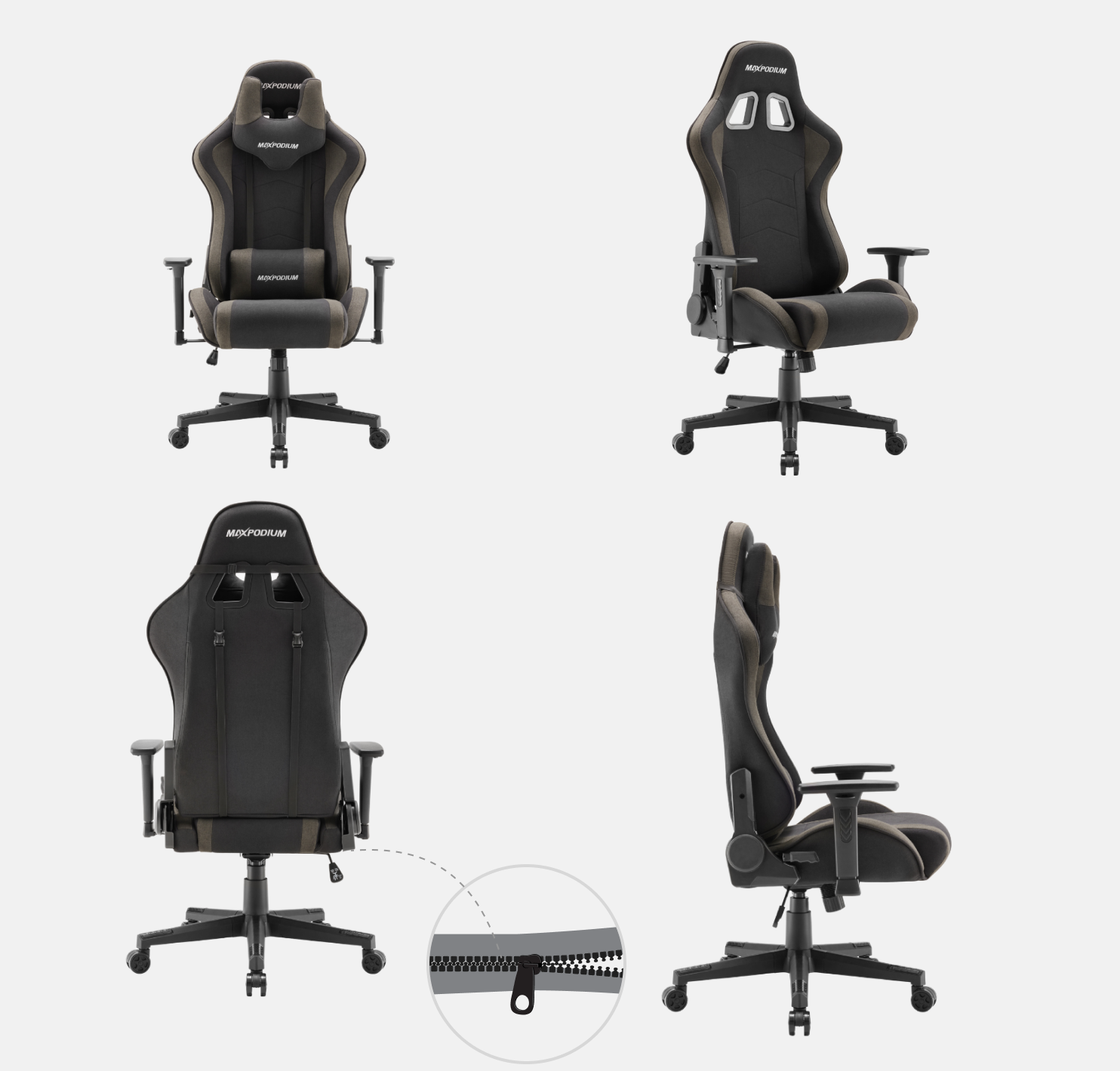 Chaise de jeu en plusieurs vues. La chaise est noire et grise. Logo MOSPODIUM visible.