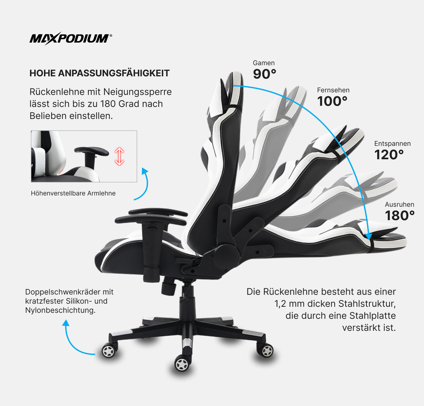 Silla gaming blanca y negra con reposabrazos ajustables, mostrada en varios ángulos de reclinación.