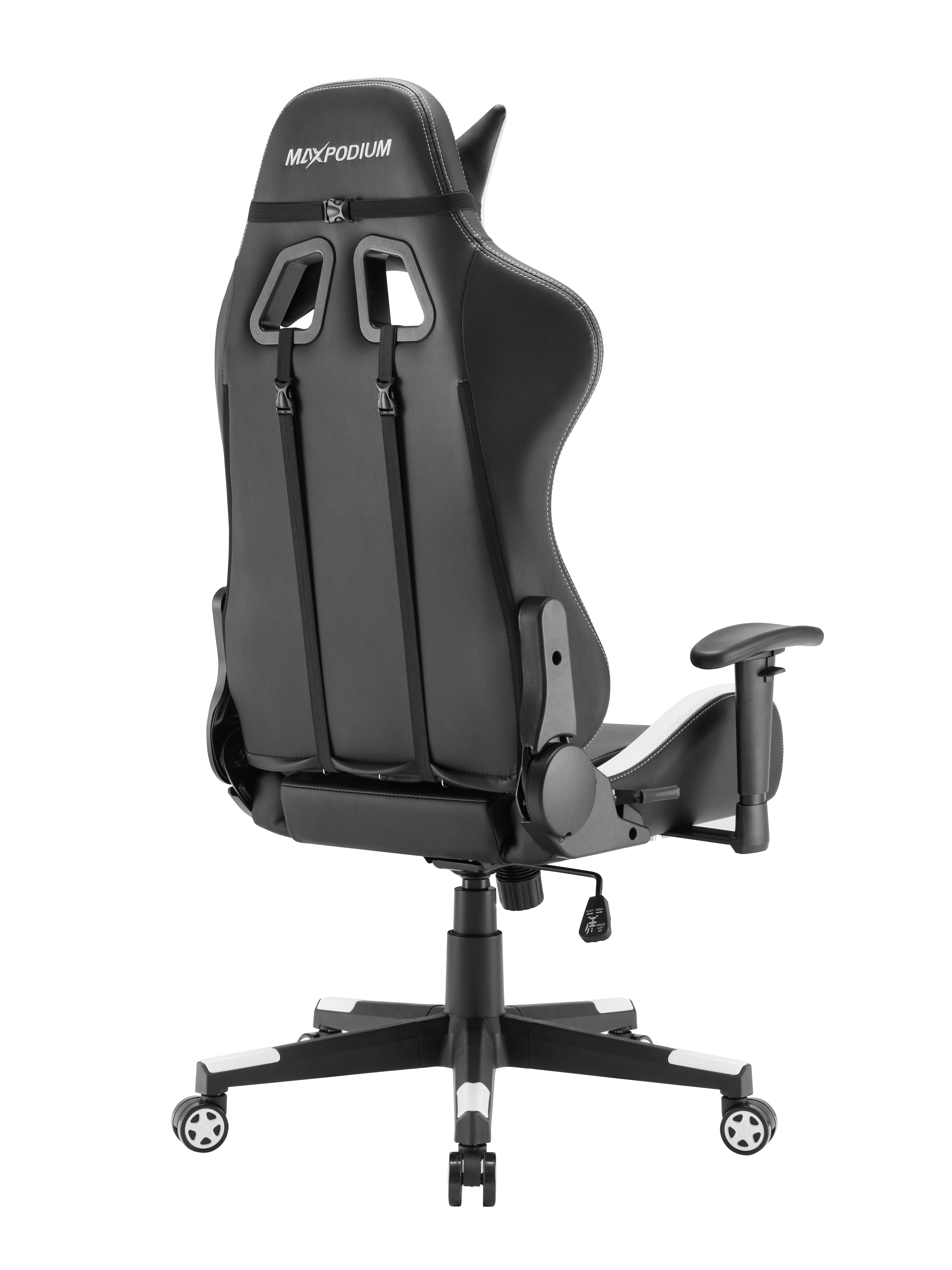 Une chaise de jeu noire et blanche avec le logo MAXPODIUM et une vue du dos et de la base.