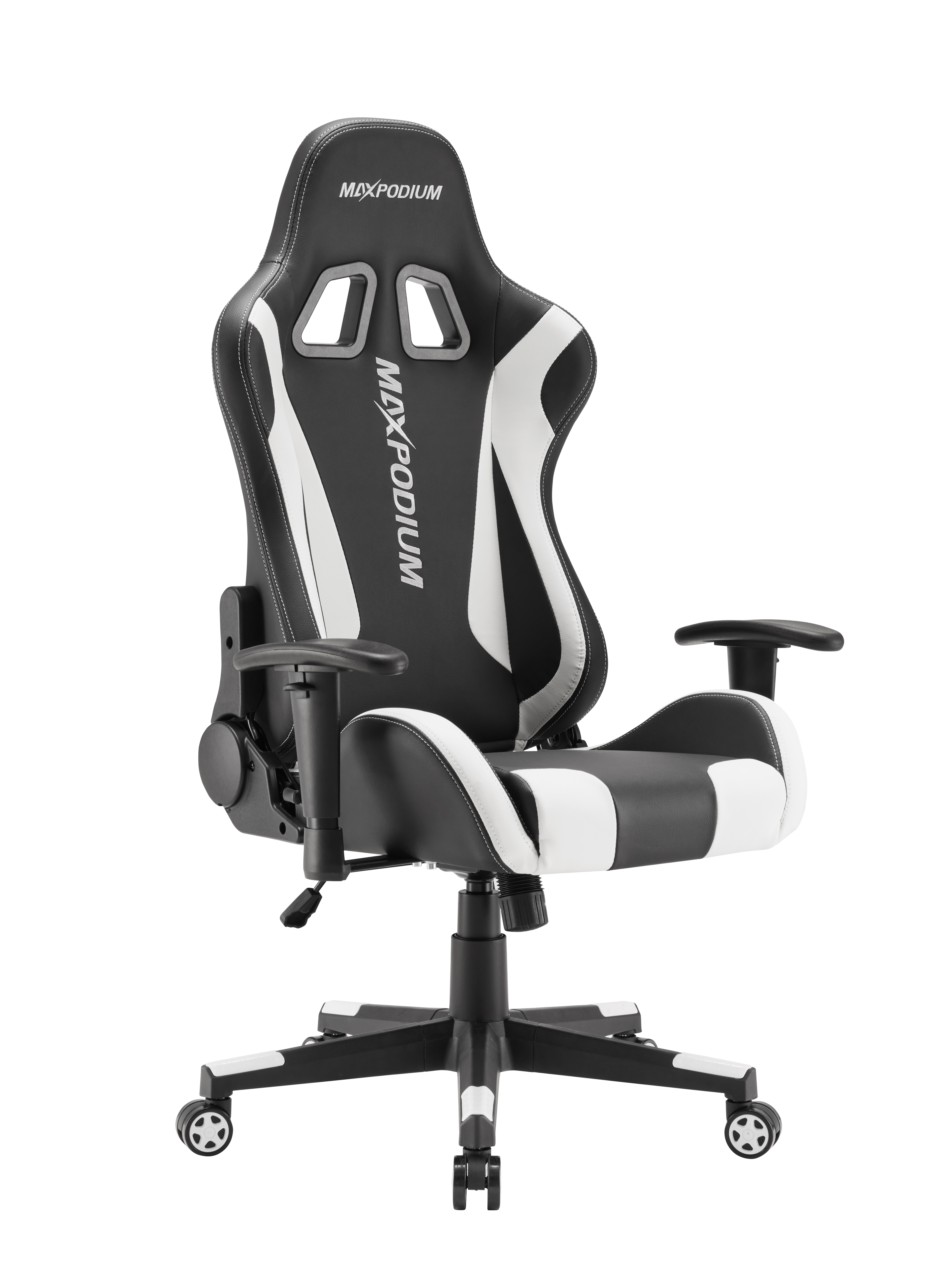 Une chaise de jeu noire et blanche avec un dossier haut, des accoudoirs et des roulettes sur fond blanc.
