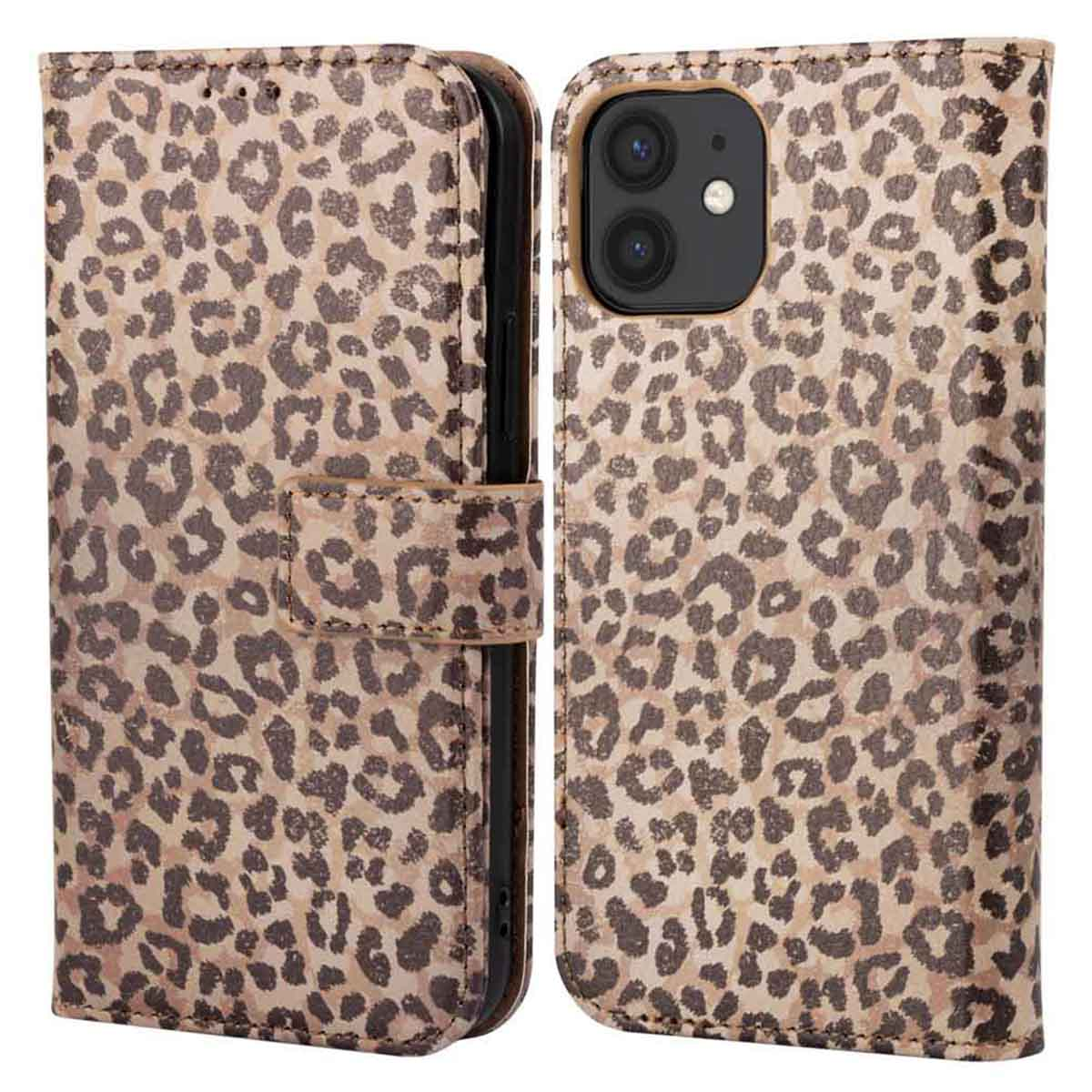 Een telefoonhoesje met een luipaardprint. Het is open en toont de telefoon.