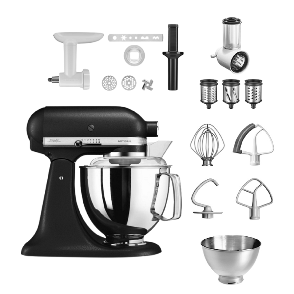 Schwarzer KitchenAid-Küchenmixer mit Aufsätzen. Enthält eine Schüssel und verschiedene Misch- und Mahlwerkzeuge.