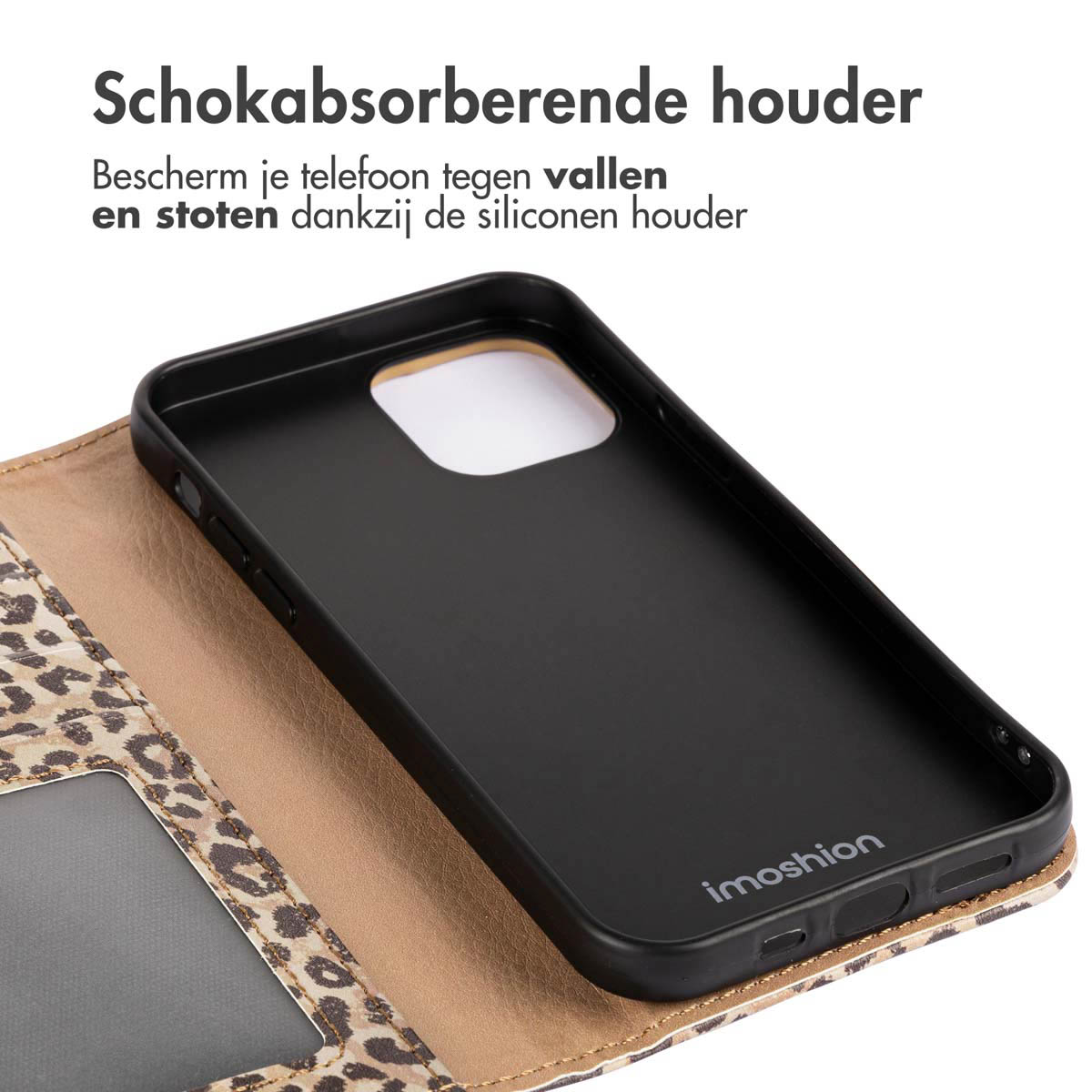 Zwarte telefoonhoes in open portemonnee met luipaardprint.