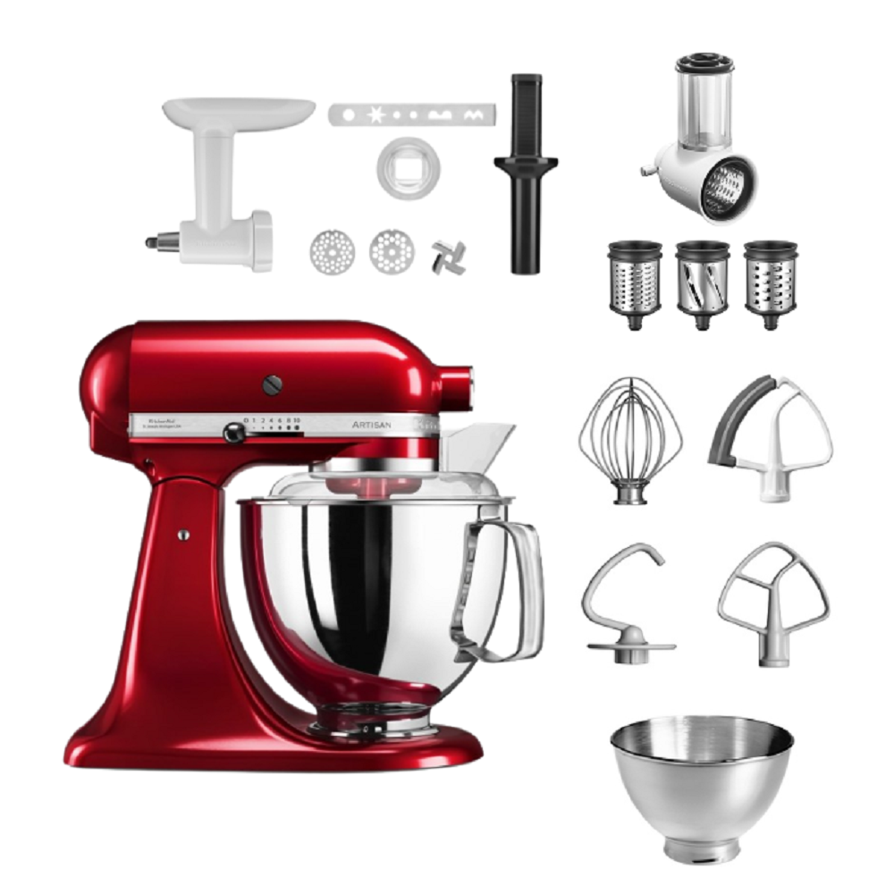Roter KitchenAid-Mixer mit verschiedenen Aufsätzen. Enthält eine Schüssel, einen Rührer, einen Knethaken und einen Zerhacker.
