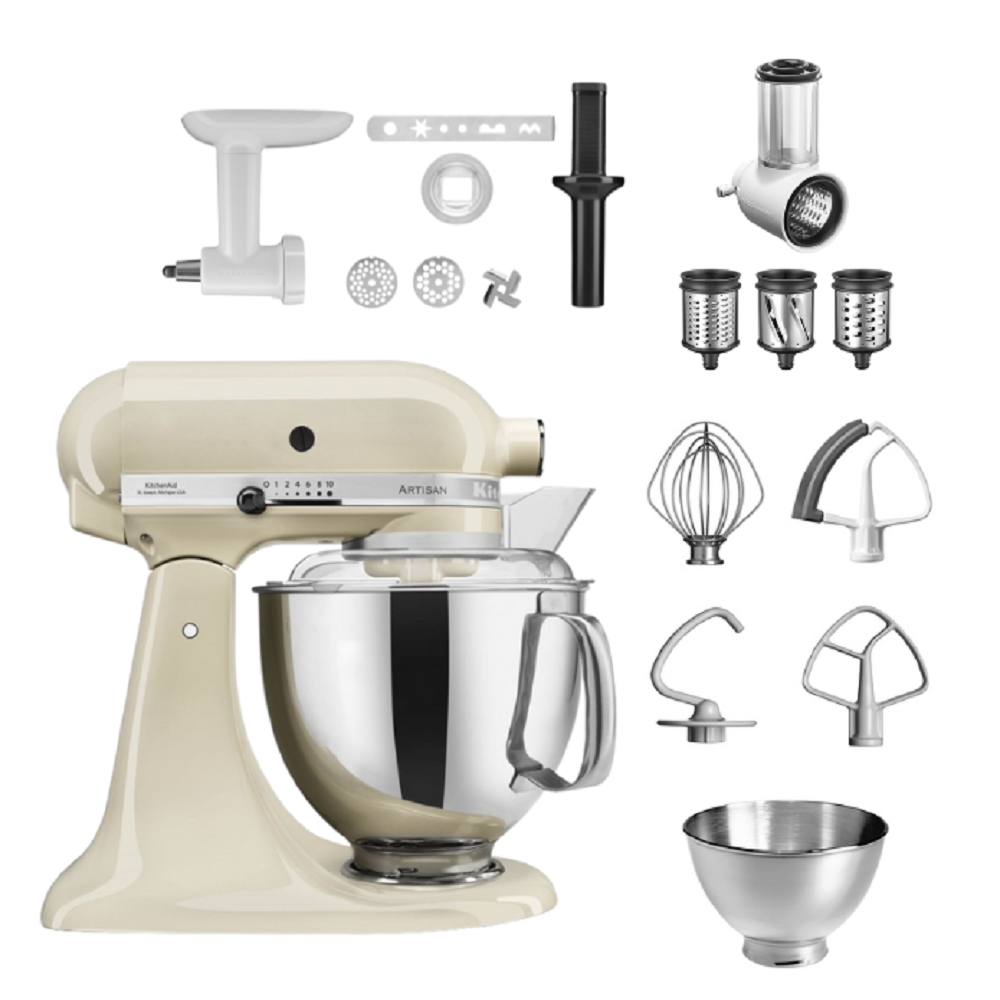 KitchenAid Artisan Mixer mit Aufsätzen. Inklusive Rührschüssel und Zubehör.