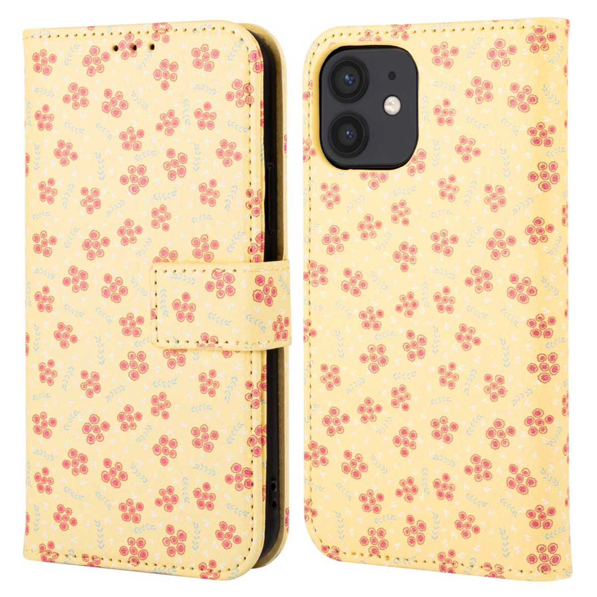 Gele telefoonhoes met roze bloemenontwerp.