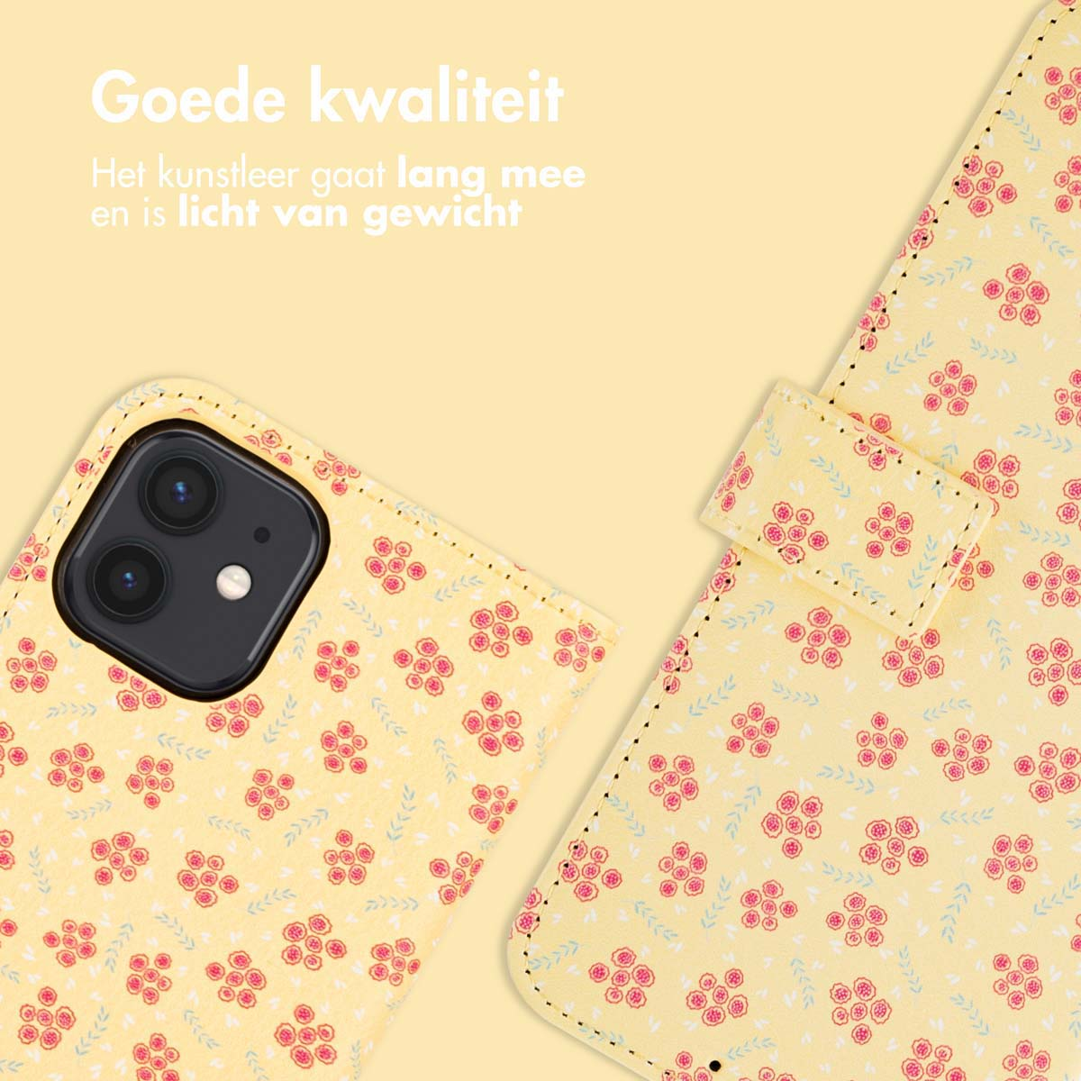 Een gele telefoonhoes met bloemenpatroon, opengeklapt. Tekst in het Nederlands. Roze bloemen.