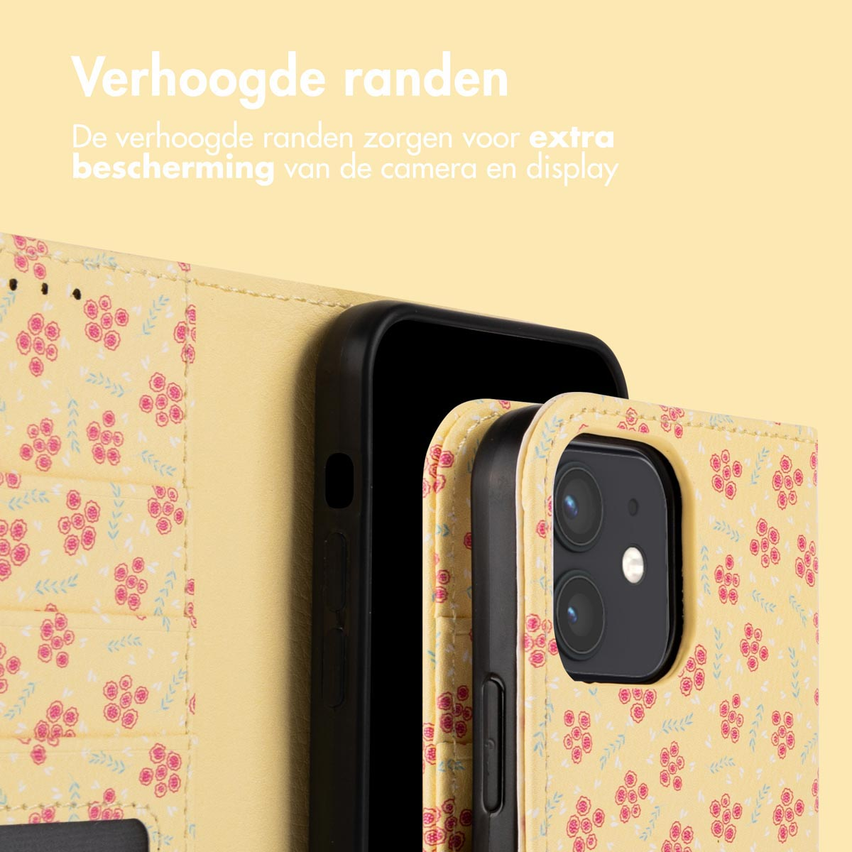 Gele telefoonhoes met bloemenpatroon. De hoes is open met een telefoon erin.