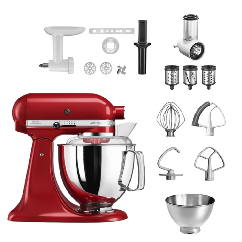 Roter Küchenmixer mit Aufsätzen. Enthält Schüssel, Mahlwerk und verschiedene Rührwerkzeuge.
