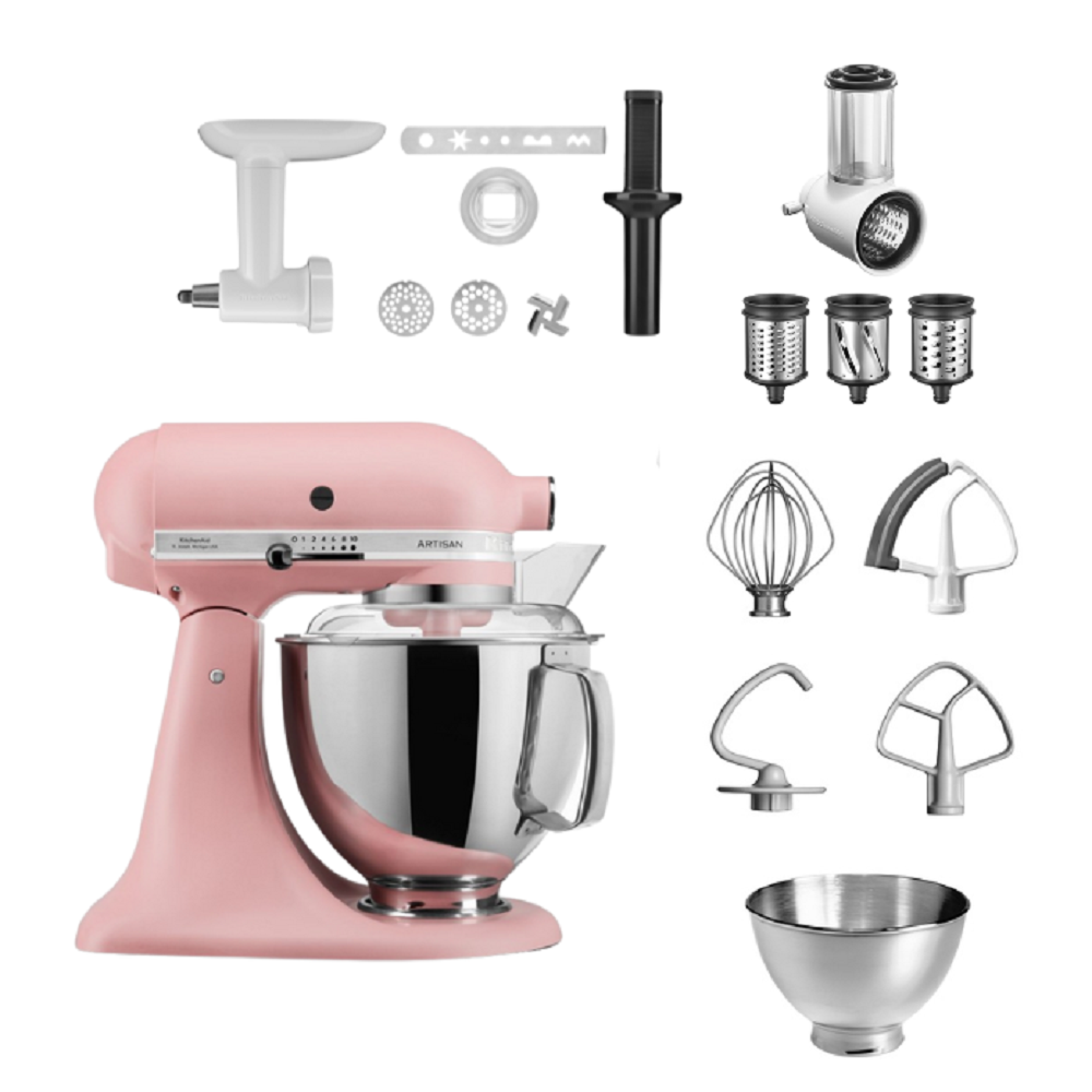 Rosafarbener KitchenAid-Mixer mit mehreren Aufsätzen. Enthält eine Schüssel, verschiedene Schläger und einen Fleischwolf.
