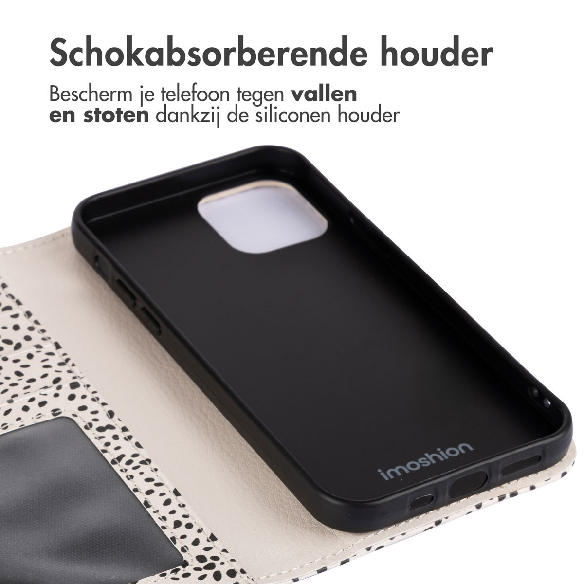 Zwarte telefoonhoes met een wit en zwart stippenpatroon.