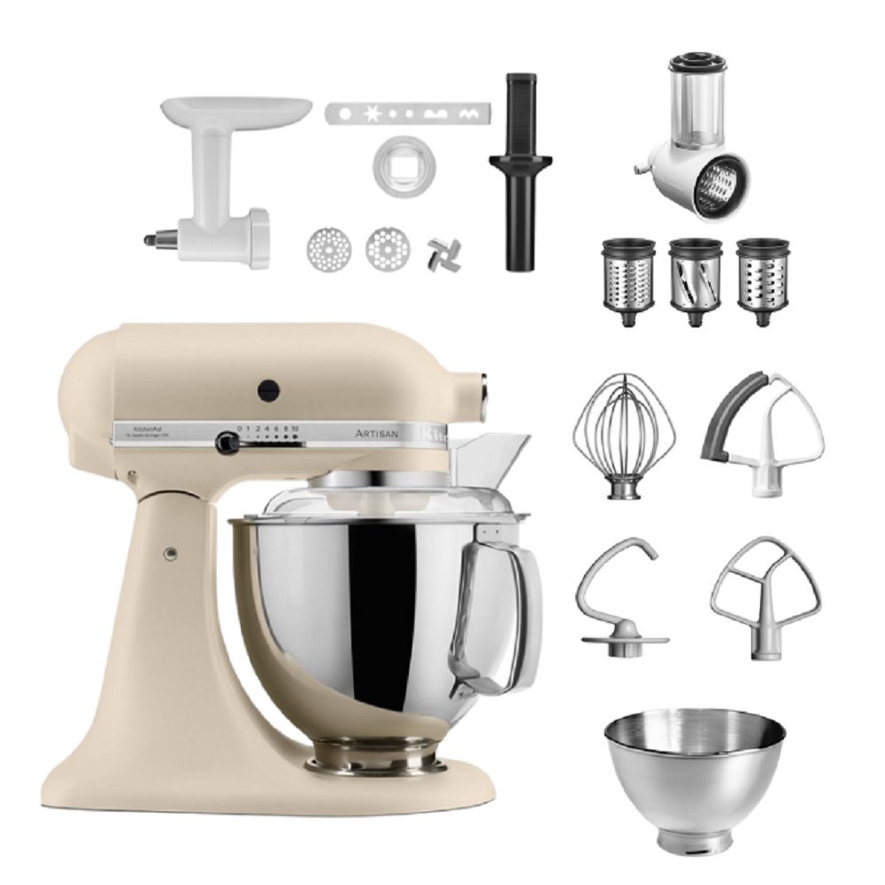 Beiger Standmixer mit Aufsätzen. Enthält Mahlwerk, Slicer, Schneebesen und eine Schüssel.