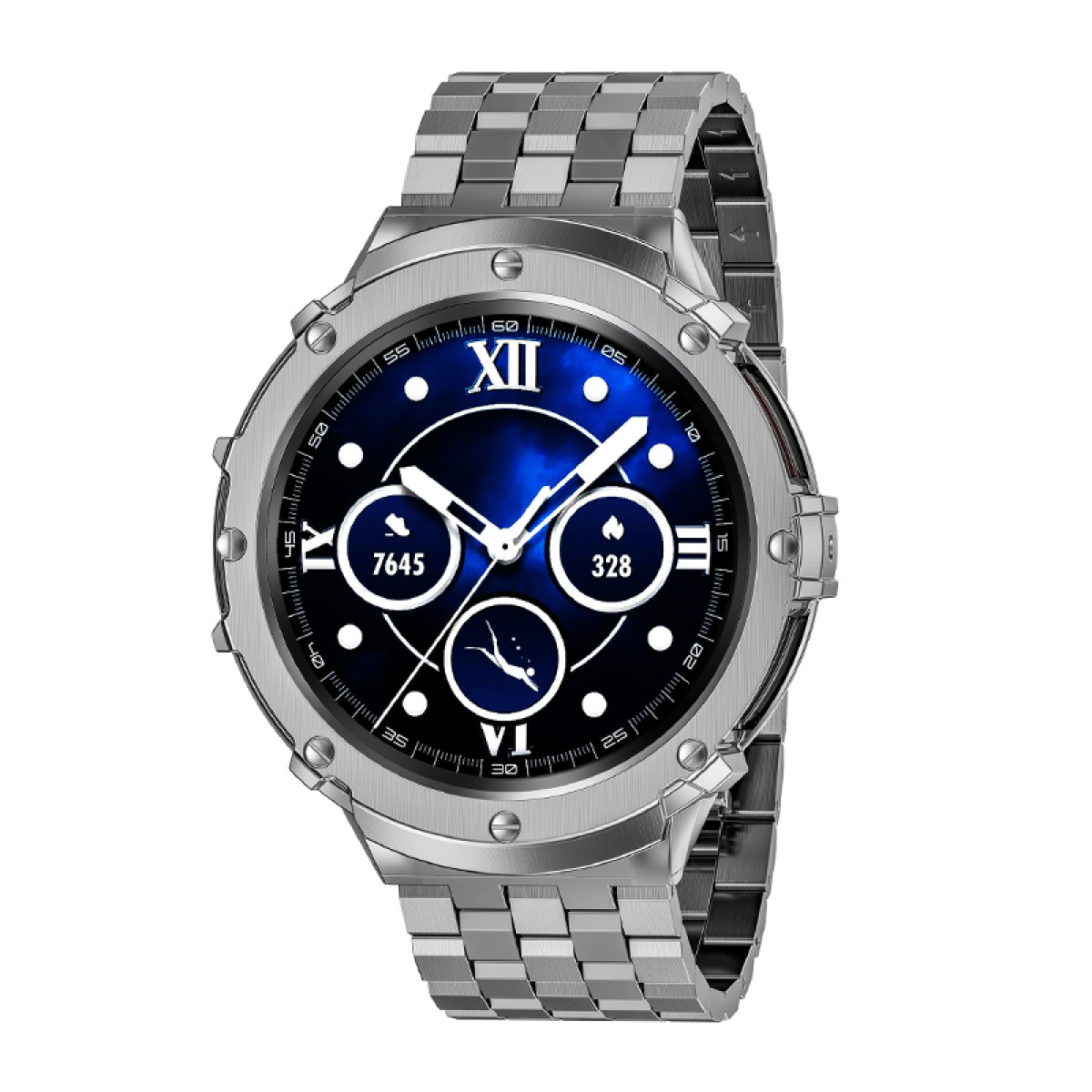Silberne Armbanduhr auf weißem Hintergrund. Die Uhr hat ein blaues Zifferblatt und ein Metallarmband.