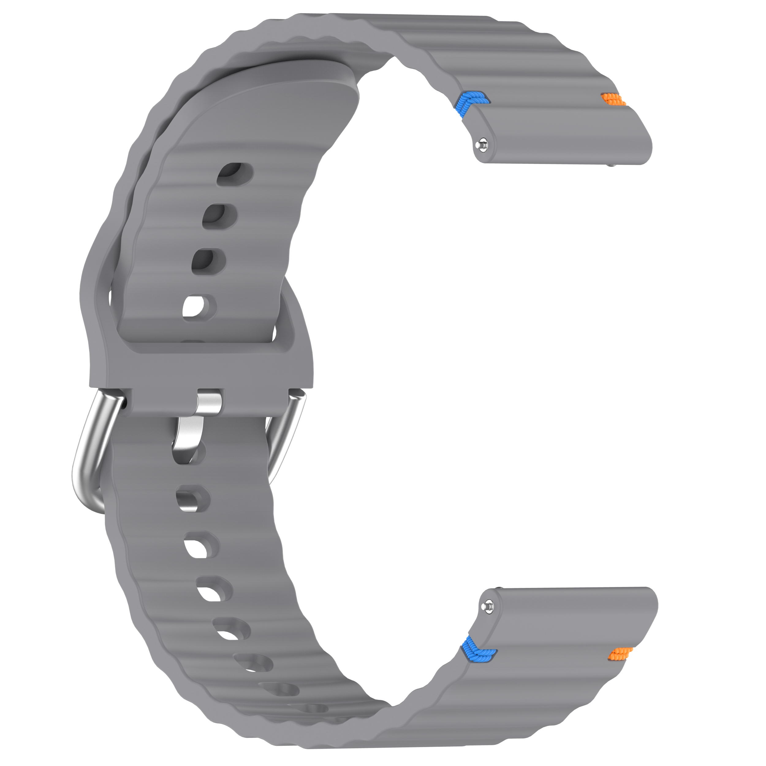 Graues Uhrenarmband mit wellenförmiger Textur und Metallschnalle. Blaue und orange Details.