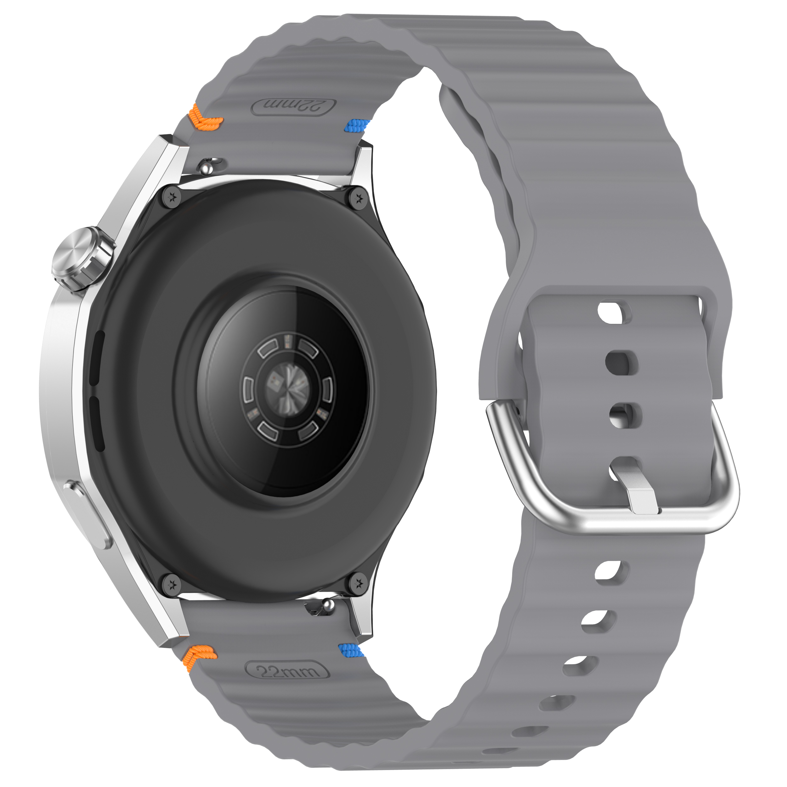 Eine silberne Smartwatch mit grauem Armband, Rück- und Seitenansicht.