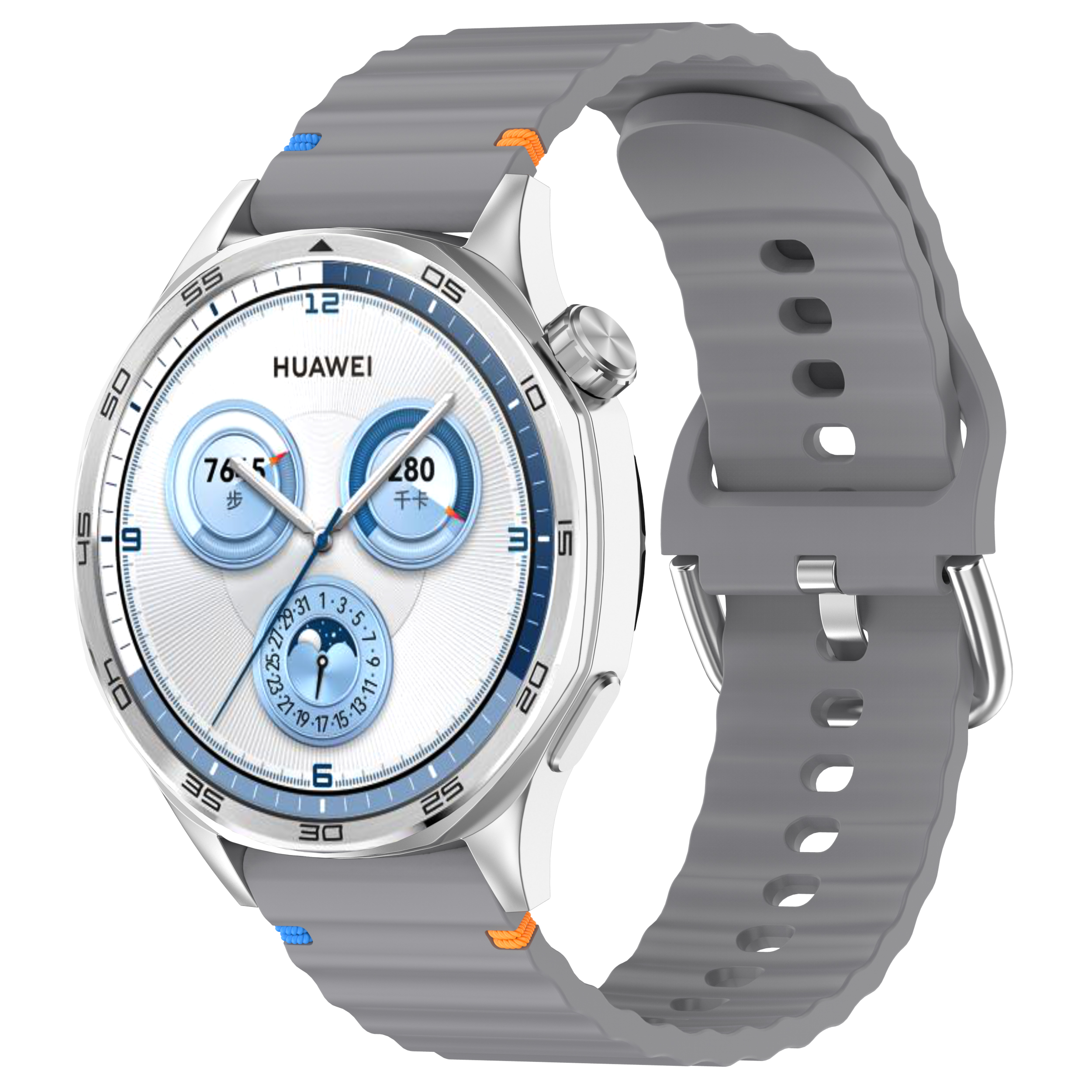 Eine silberne Smartwatch mit grauem Armband und weißem Zifferblatt, das Daten anzeigt. Sie ist abgewinkelt.