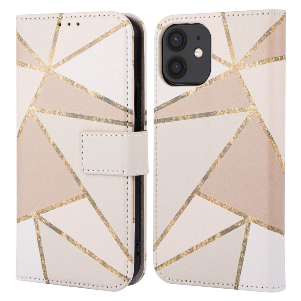 Geometrische telefoonhoes met een witte basis en goud- en bruin gekleurde geometrische patronen.