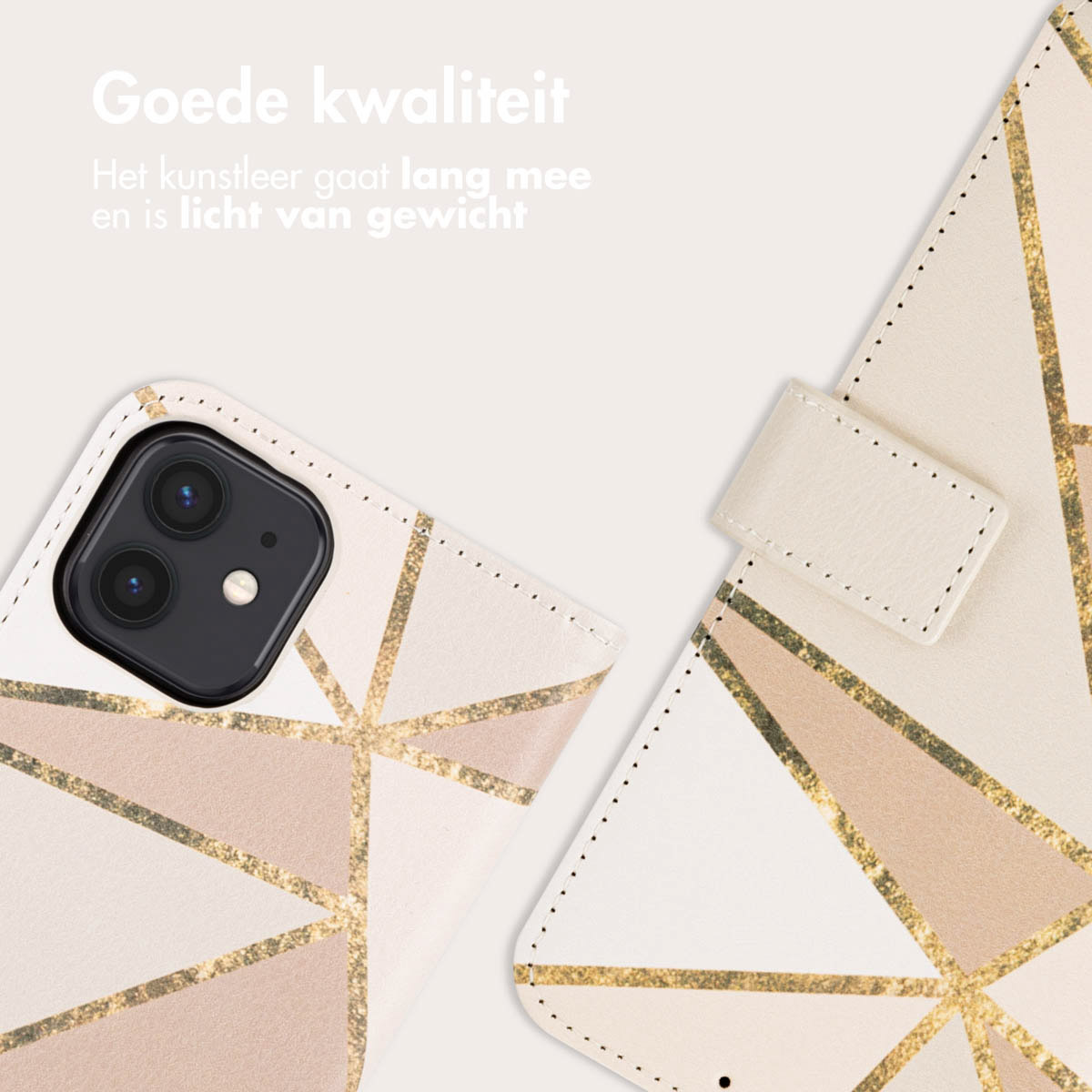 Een close-up van een telefoonhoesje met geometrisch design. De tekst zegt: Goede kwaliteit. Het kunstleer gaat lang mee.