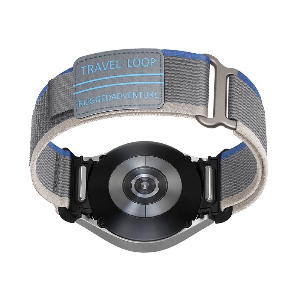 Cinturino grigio con dettagli blu e quadrante nero, etichettato 'TRAVEL LOOP'.