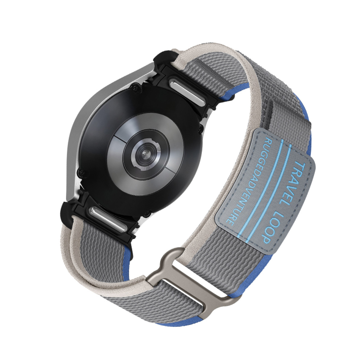 Primo piano di un cinturino per smartwatch. È grigio e blu con un connettore nero.